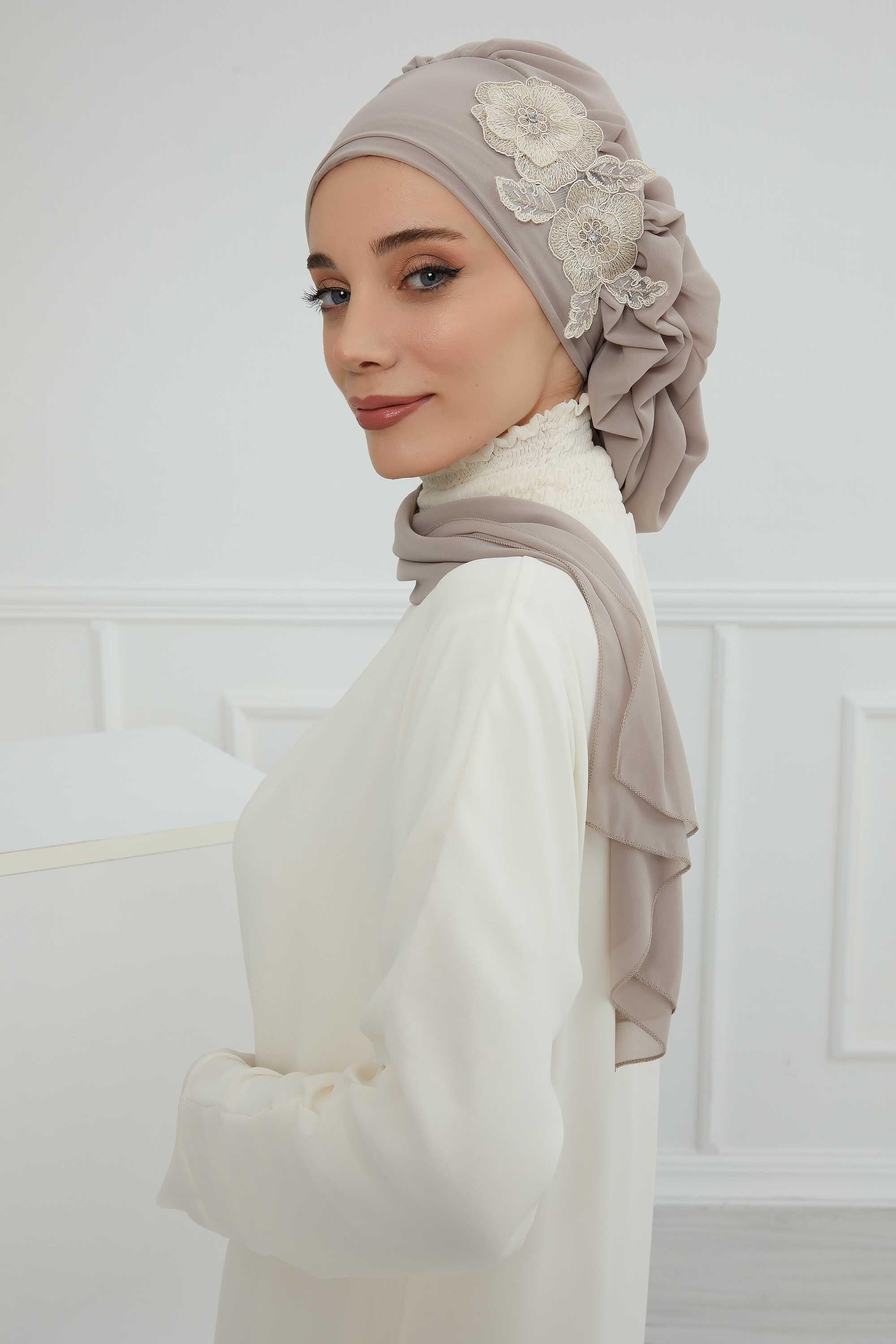 Yandan Fırfırlı Çiçek Aksesuarlı Şifon Hazır Türban,HT-102,HT-102