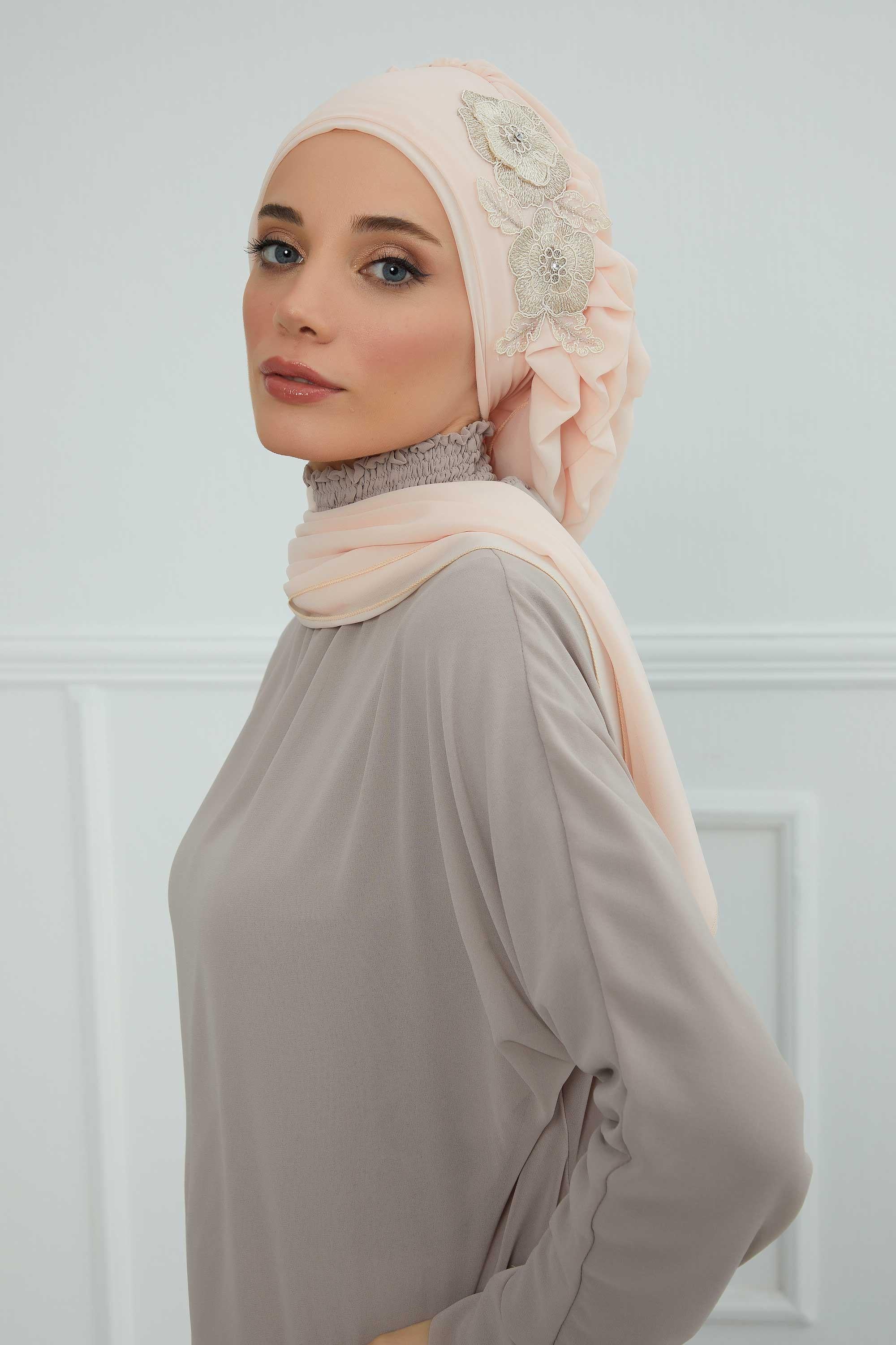 Yandan Fırfırlı Çiçek Aksesuarlı Şifon Hazır Türban,HT-102,HT-102
