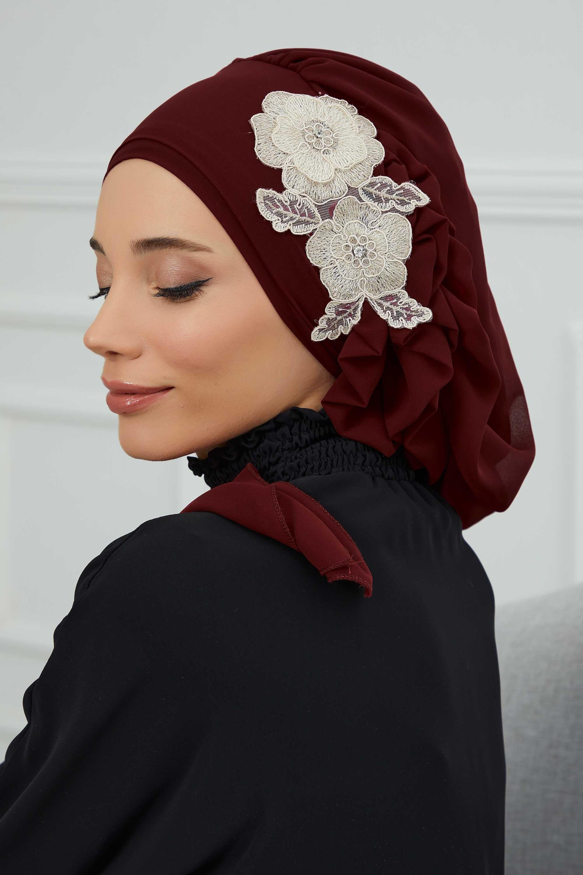 Yandan Fırfırlı Çiçek Aksesuarlı Şifon Hazır Türban,HT-102,HT-102