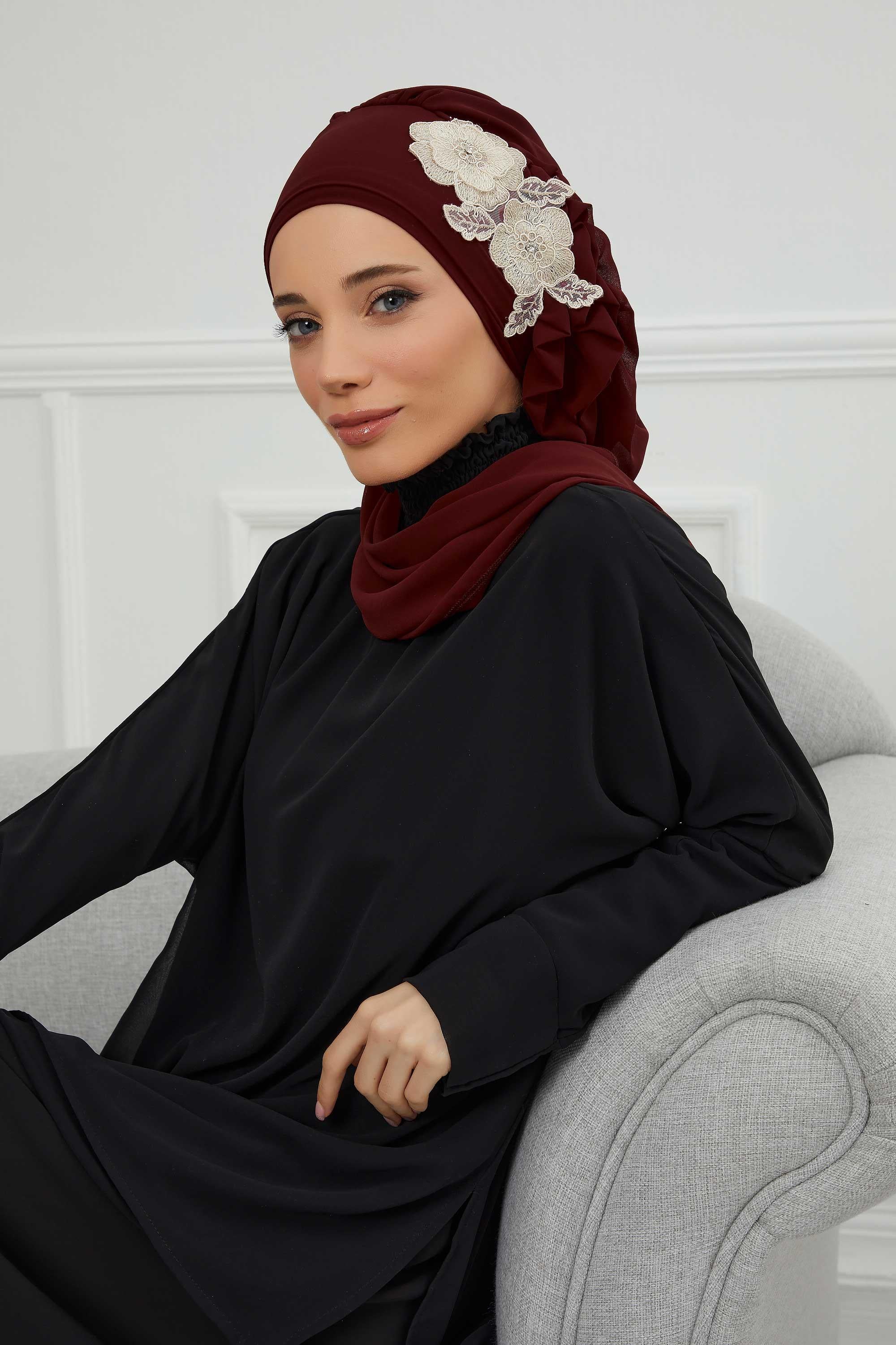 Yandan Fırfırlı Çiçek Aksesuarlı Şifon Hazır Türban,HT-102,HT-102