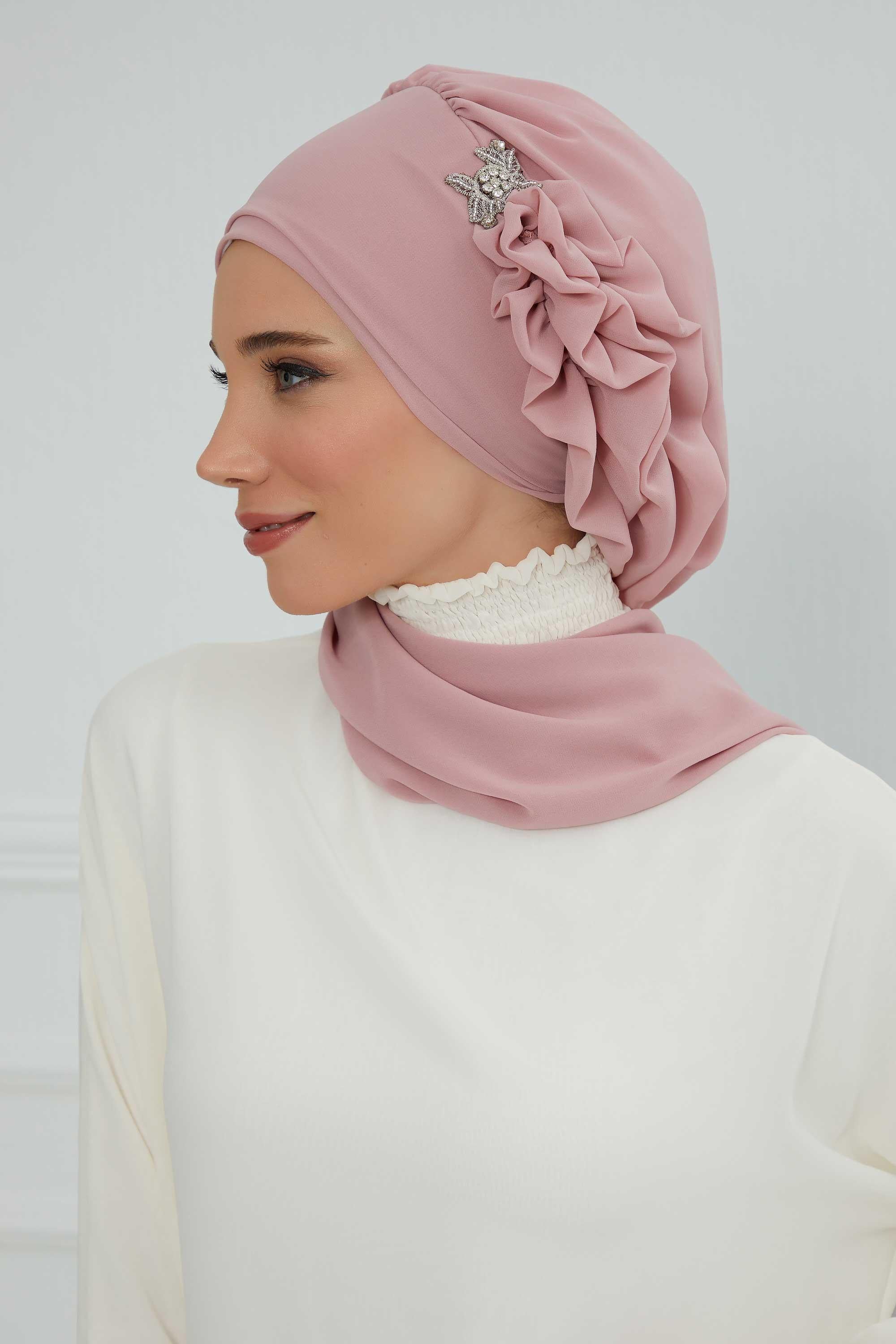 Yandan Fırfırlı Gümüş Aksesuarlı Şifon Hazır Türban,HT-106,HT-106