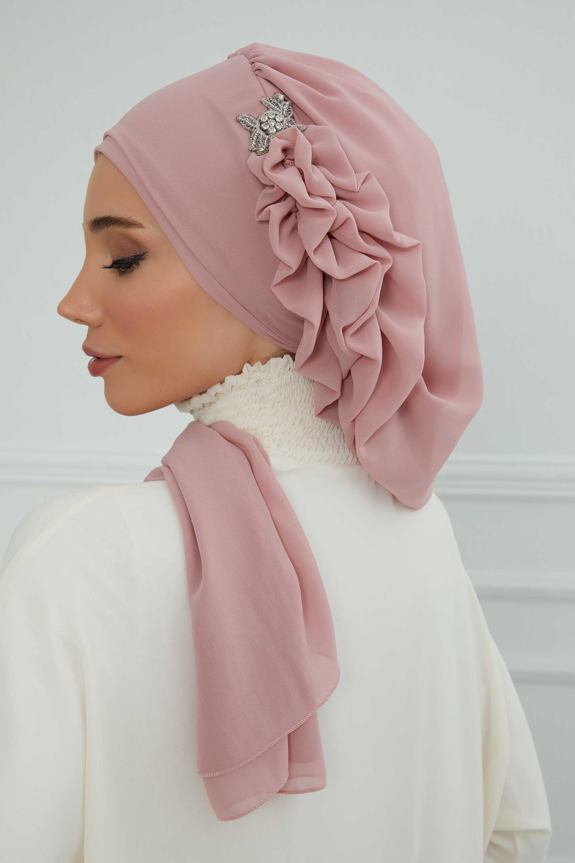 Yandan Fırfırlı Gümüş Aksesuarlı Şifon Hazır Türban,HT-106,HT-106