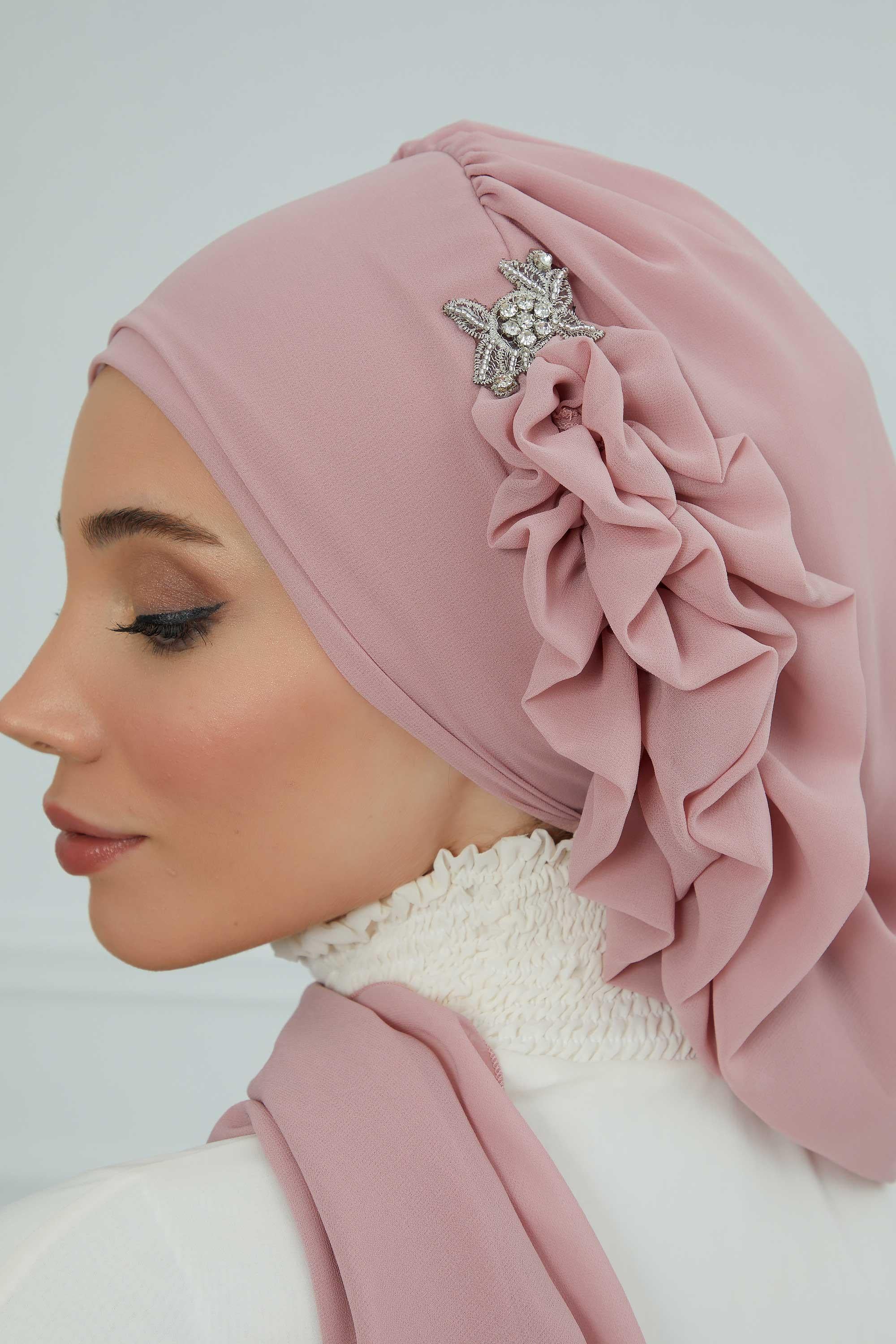 Yandan Fırfırlı Gümüş Aksesuarlı Şifon Hazır Türban,HT-106,HT-106