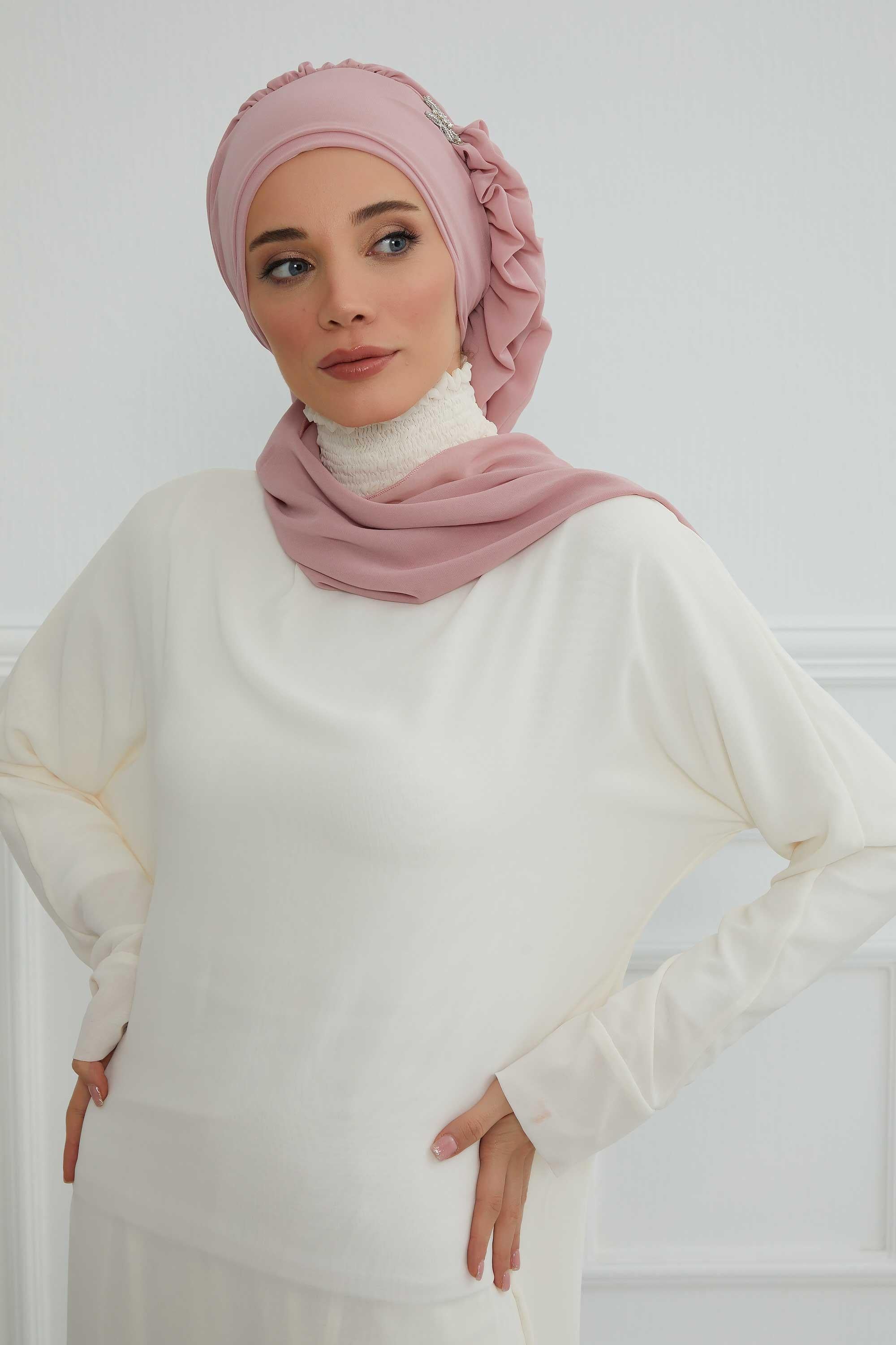 Yandan Fırfırlı Gümüş Aksesuarlı Şifon Hazır Türban,HT-106,HT-106