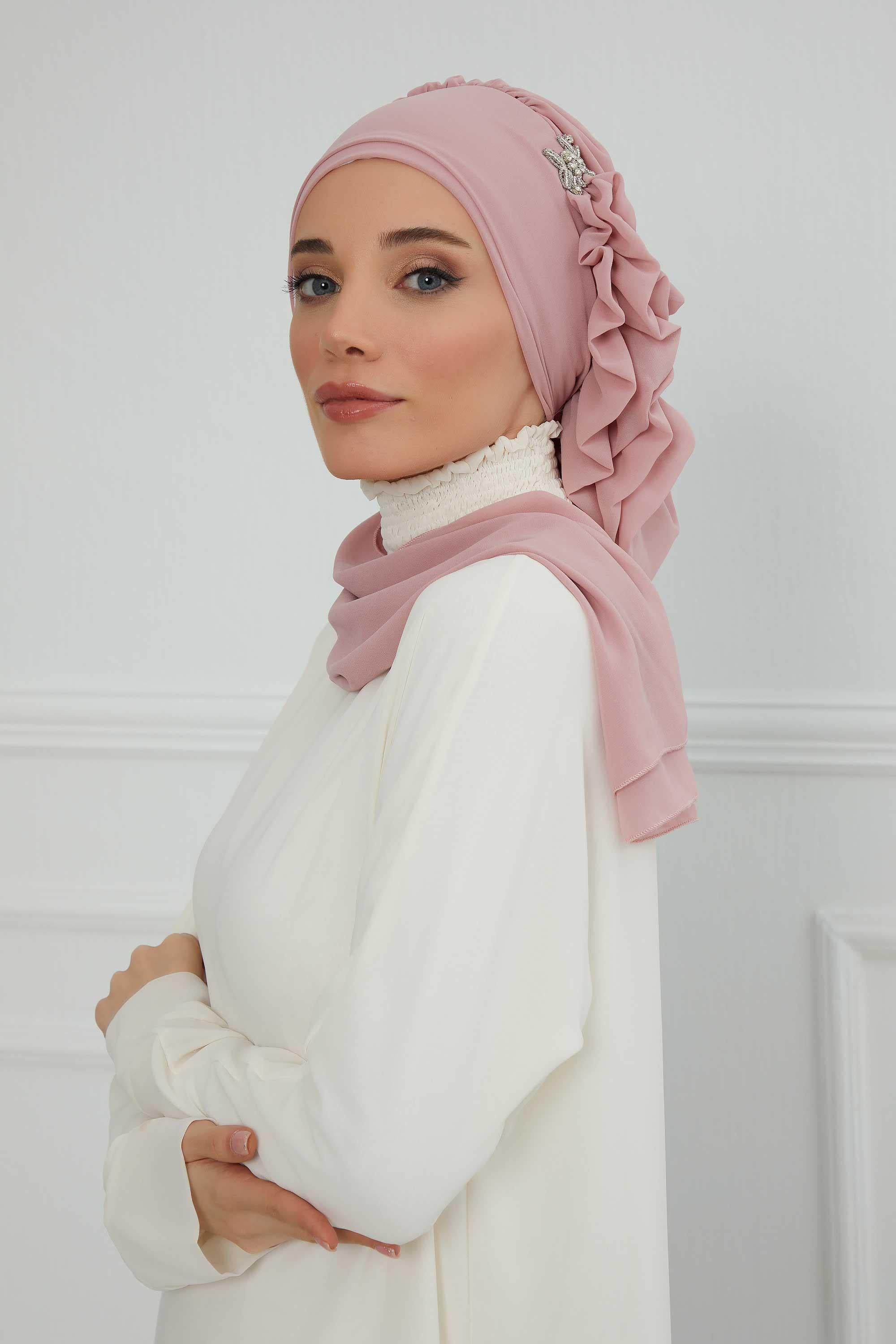 Yandan Fırfırlı Gümüş Aksesuarlı Şifon Hazır Türban,HT-106,HT-106