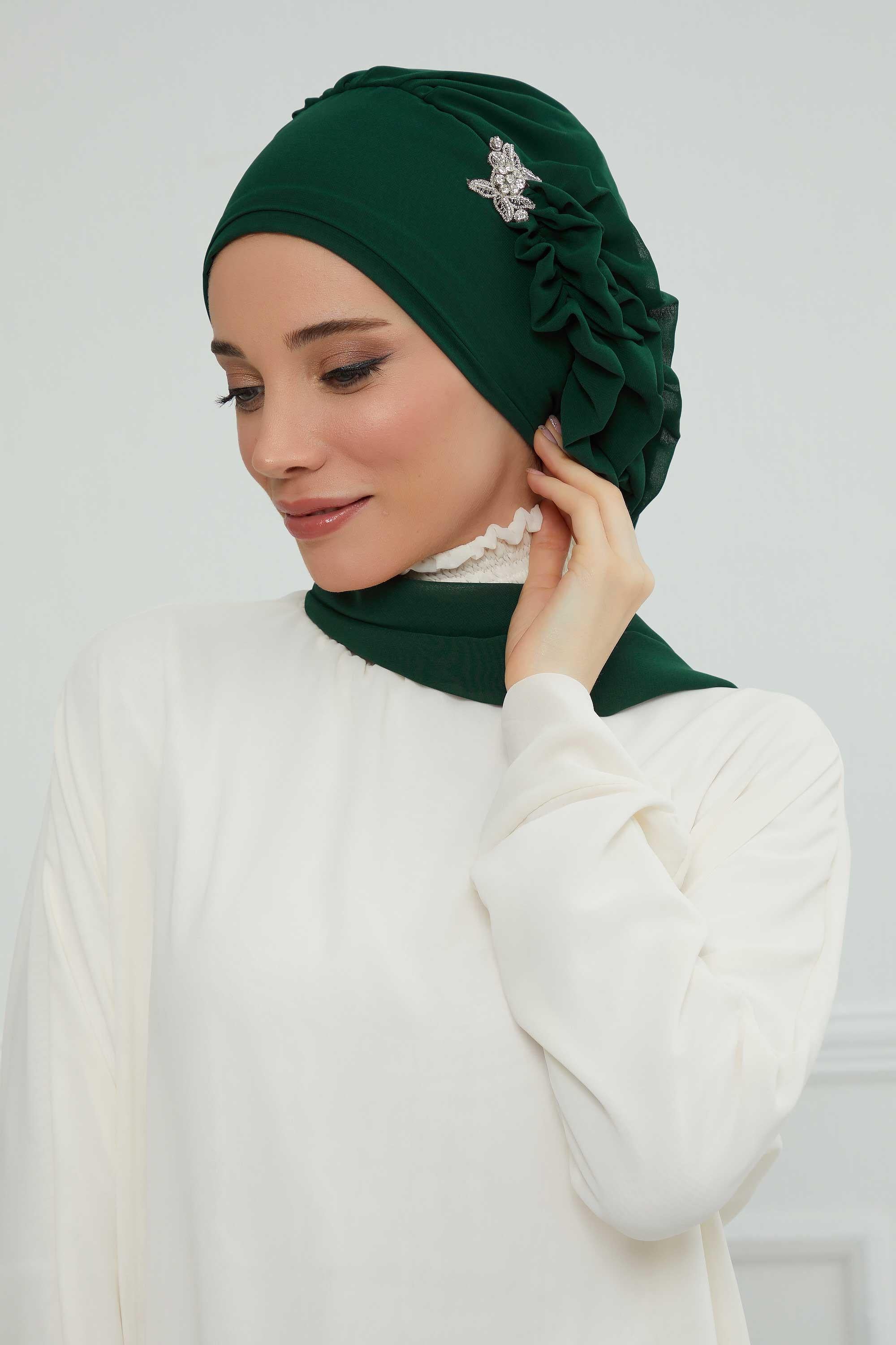 Yandan Fırfırlı Gümüş Aksesuarlı Şifon Hazır Türban,HT-106,HT-106