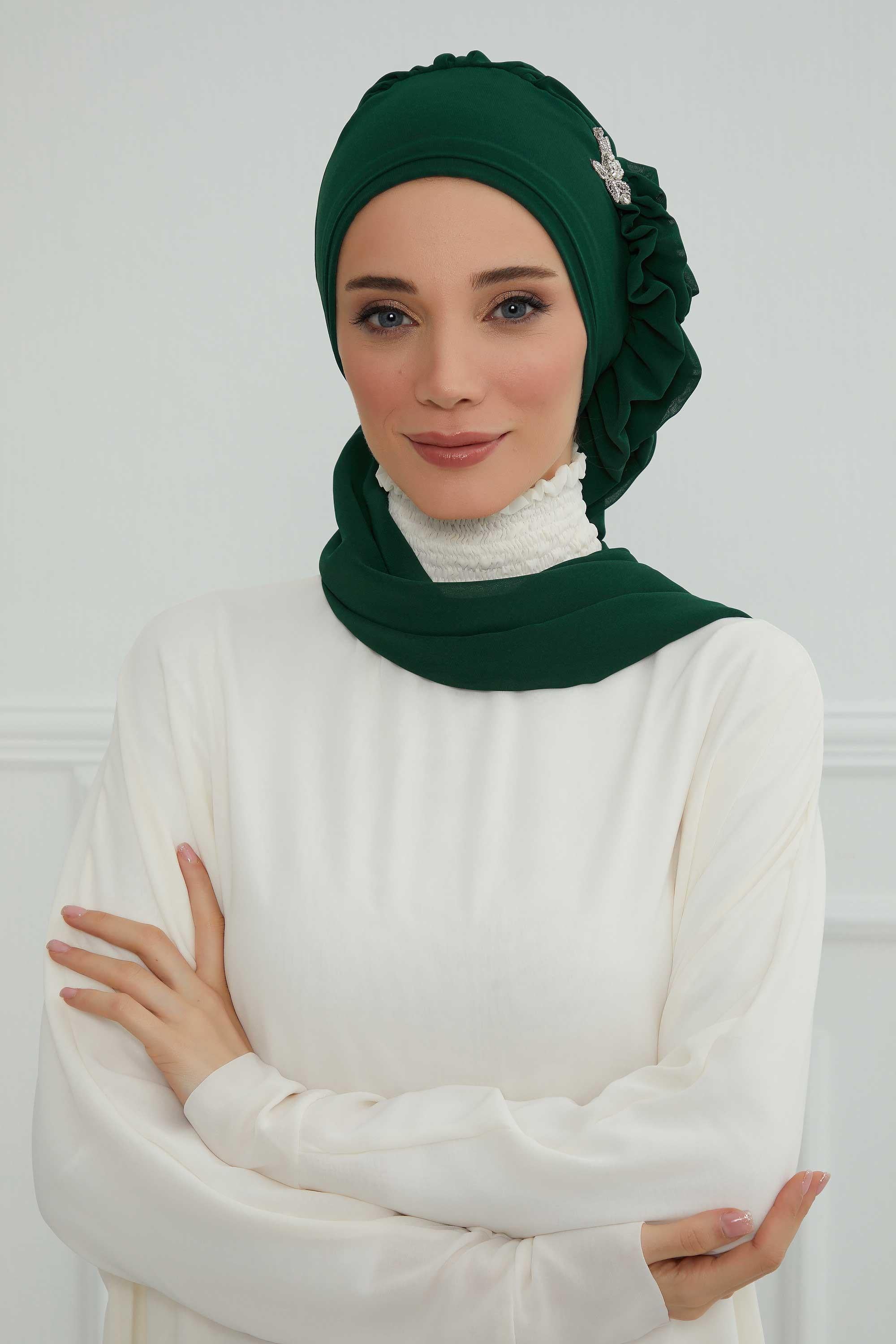 Yandan Fırfırlı Gümüş Aksesuarlı Şifon Hazır Türban,HT-106,HT-106