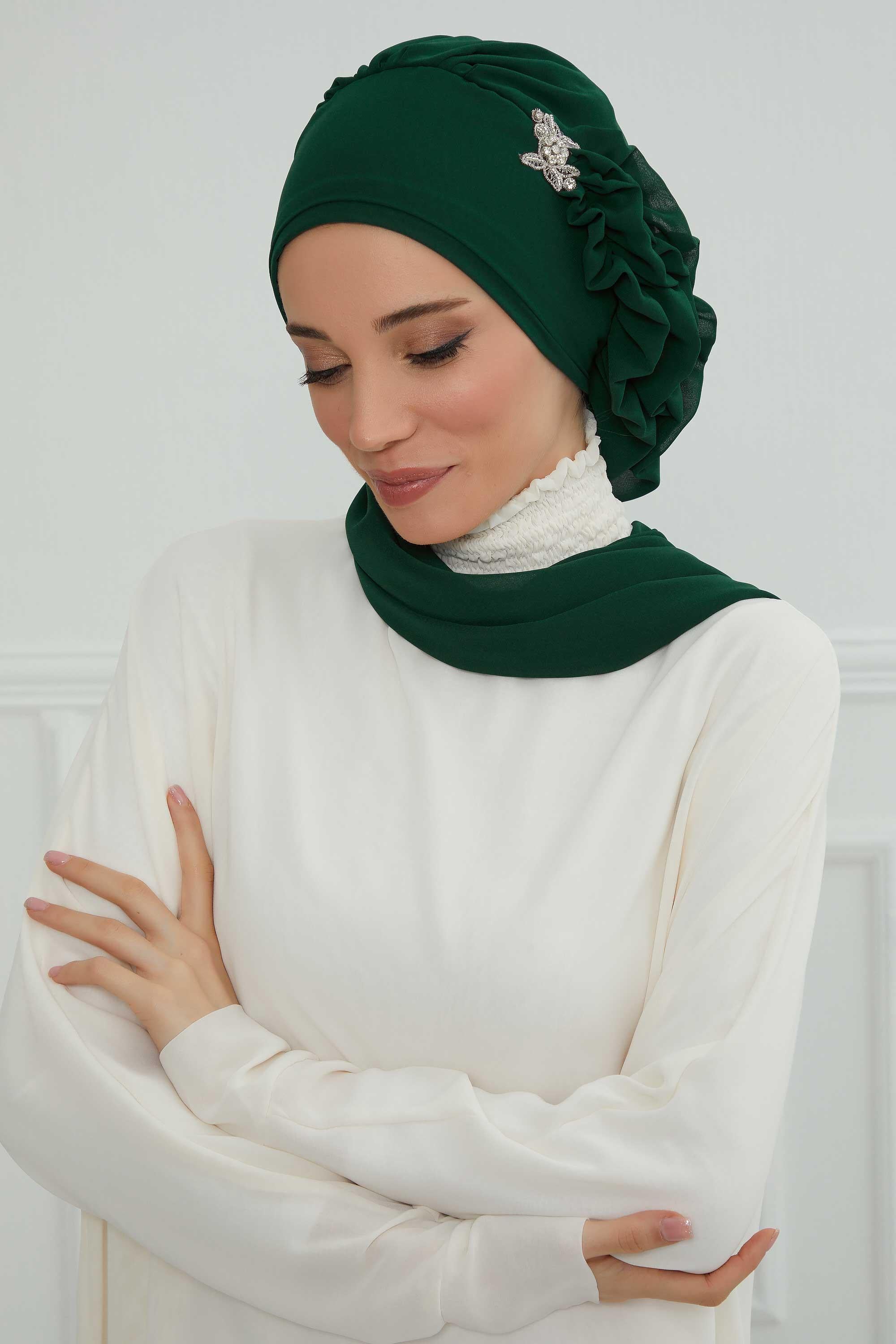 Yandan Fırfırlı Gümüş Aksesuarlı Şifon Hazır Türban,HT-106,HT-106