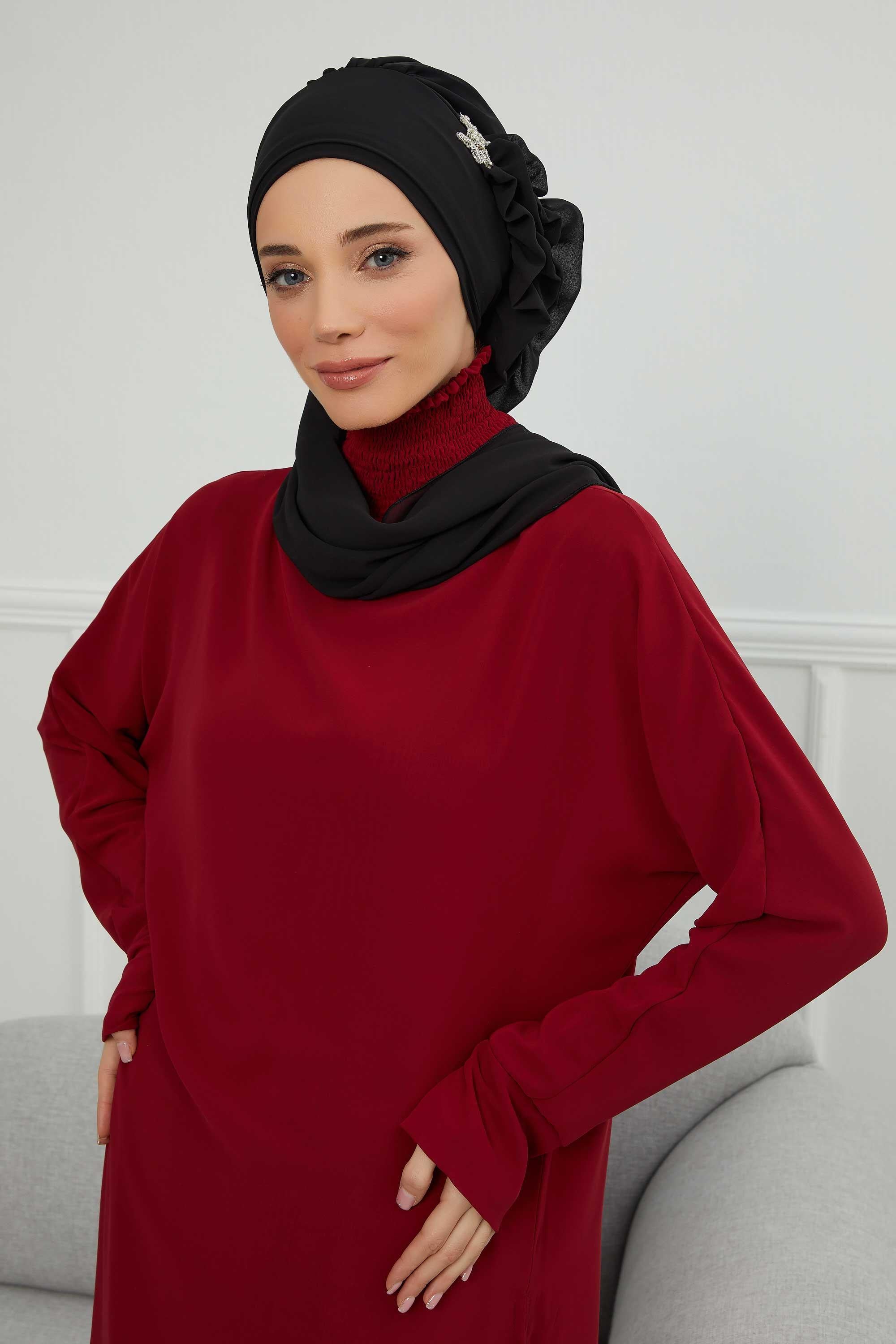 Yandan Fırfırlı Gümüş Aksesuarlı Şifon Hazır Türban,HT-106,HT-106