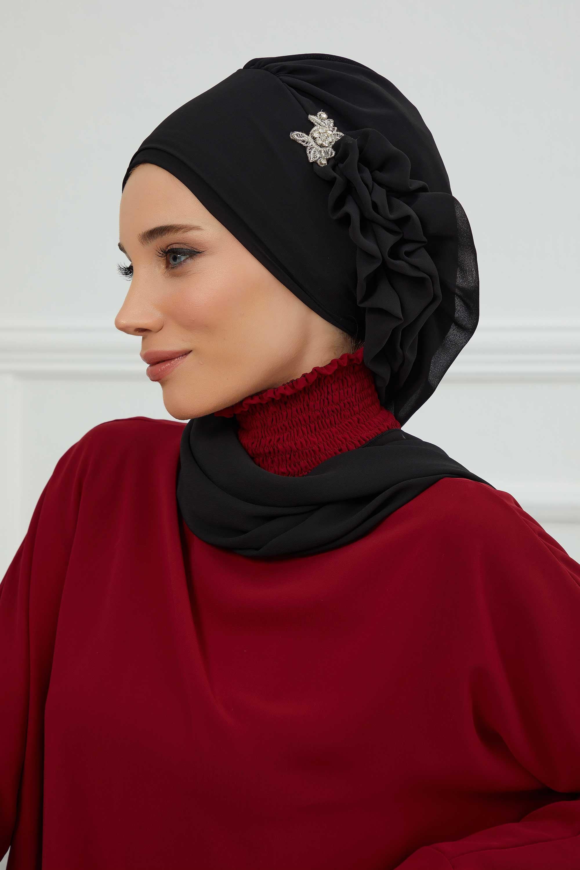 Yandan Fırfırlı Gümüş Aksesuarlı Şifon Hazır Türban,HT-106,HT-106