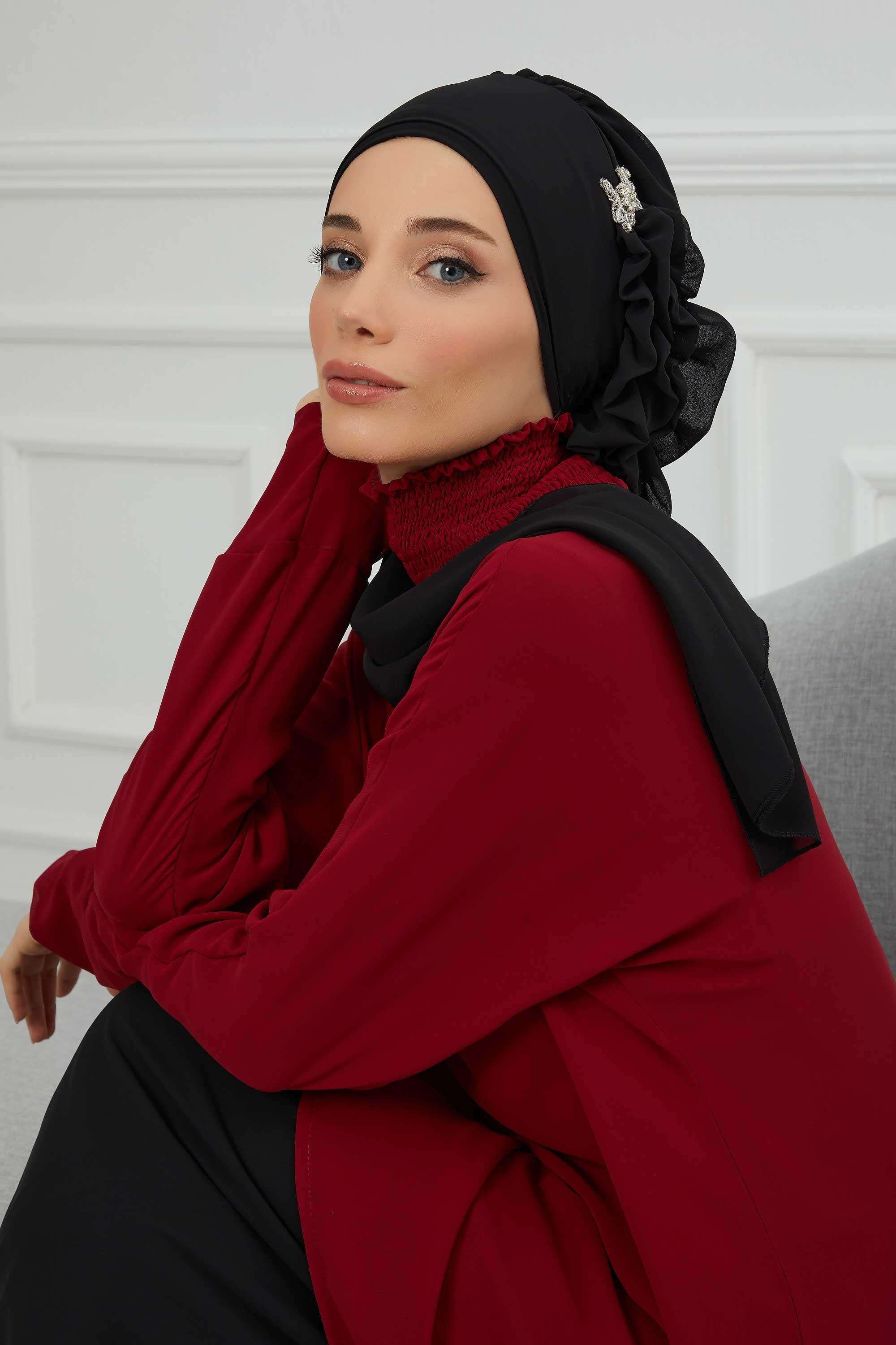 Yandan Fırfırlı Gümüş Aksesuarlı Şifon Hazır Türban,HT-106,HT-106