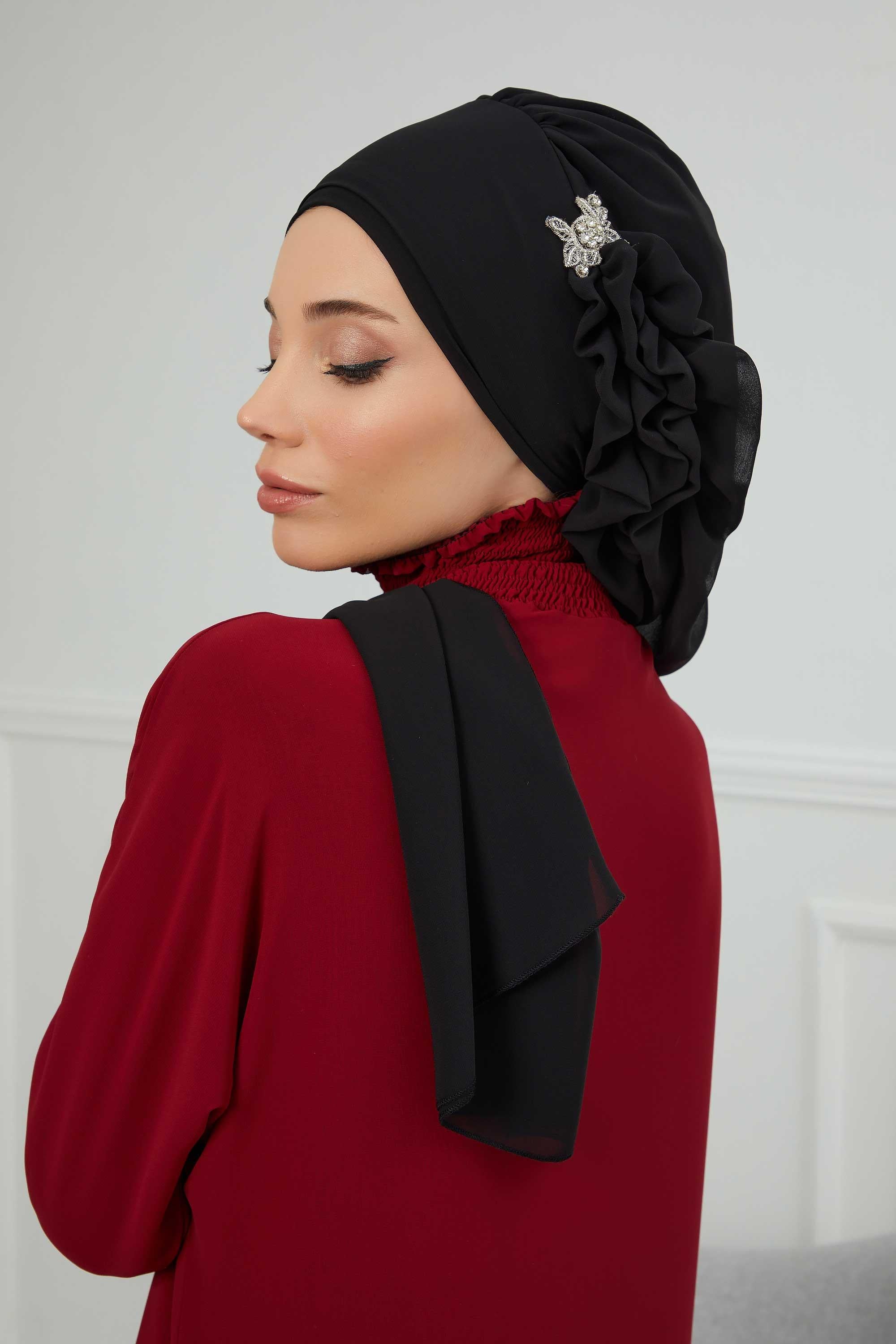 Yandan Fırfırlı Gümüş Aksesuarlı Şifon Hazır Türban,HT-106,HT-106