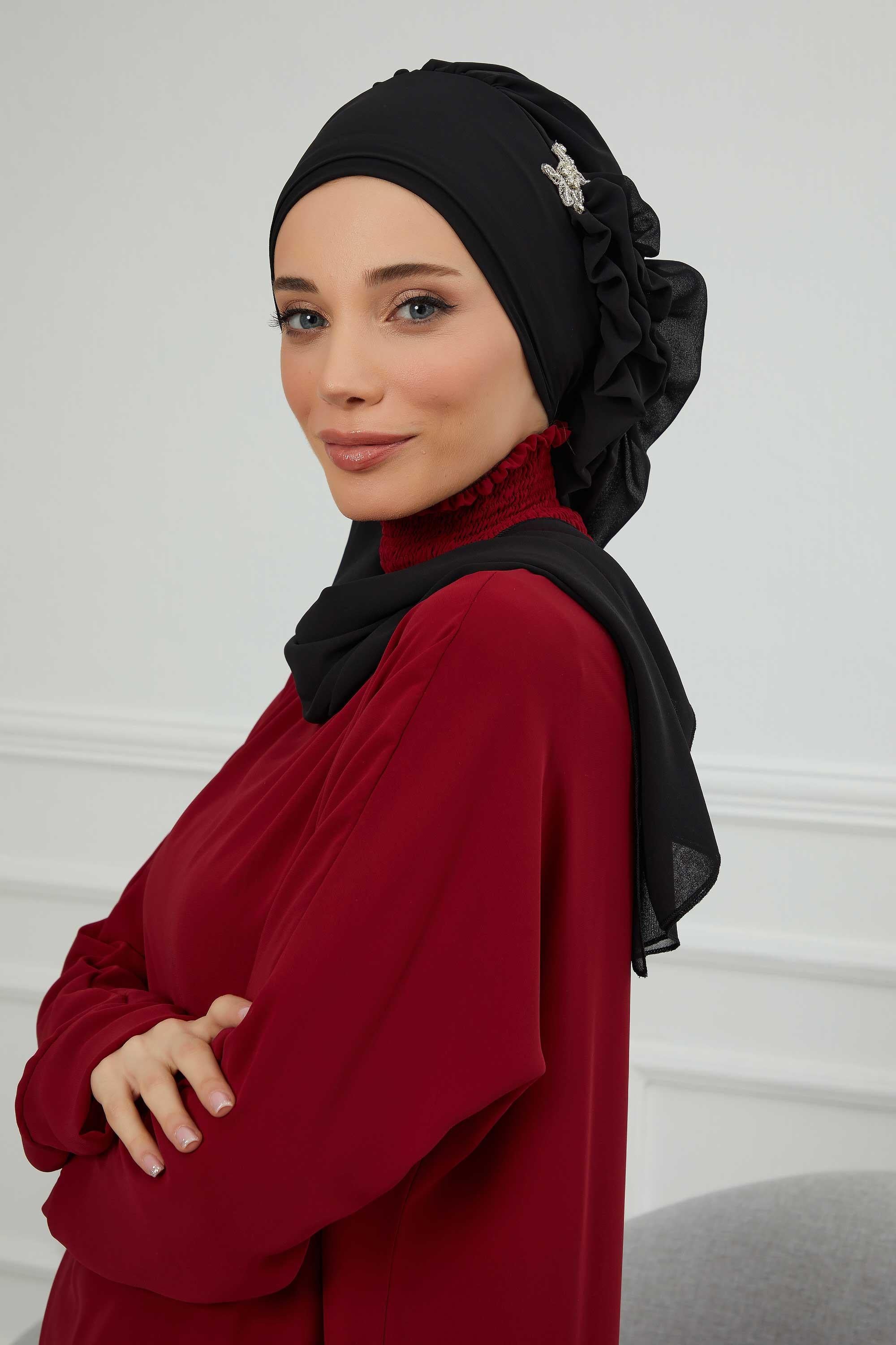 Yandan Fırfırlı Gümüş Aksesuarlı Şifon Hazır Türban,HT-106,HT-106