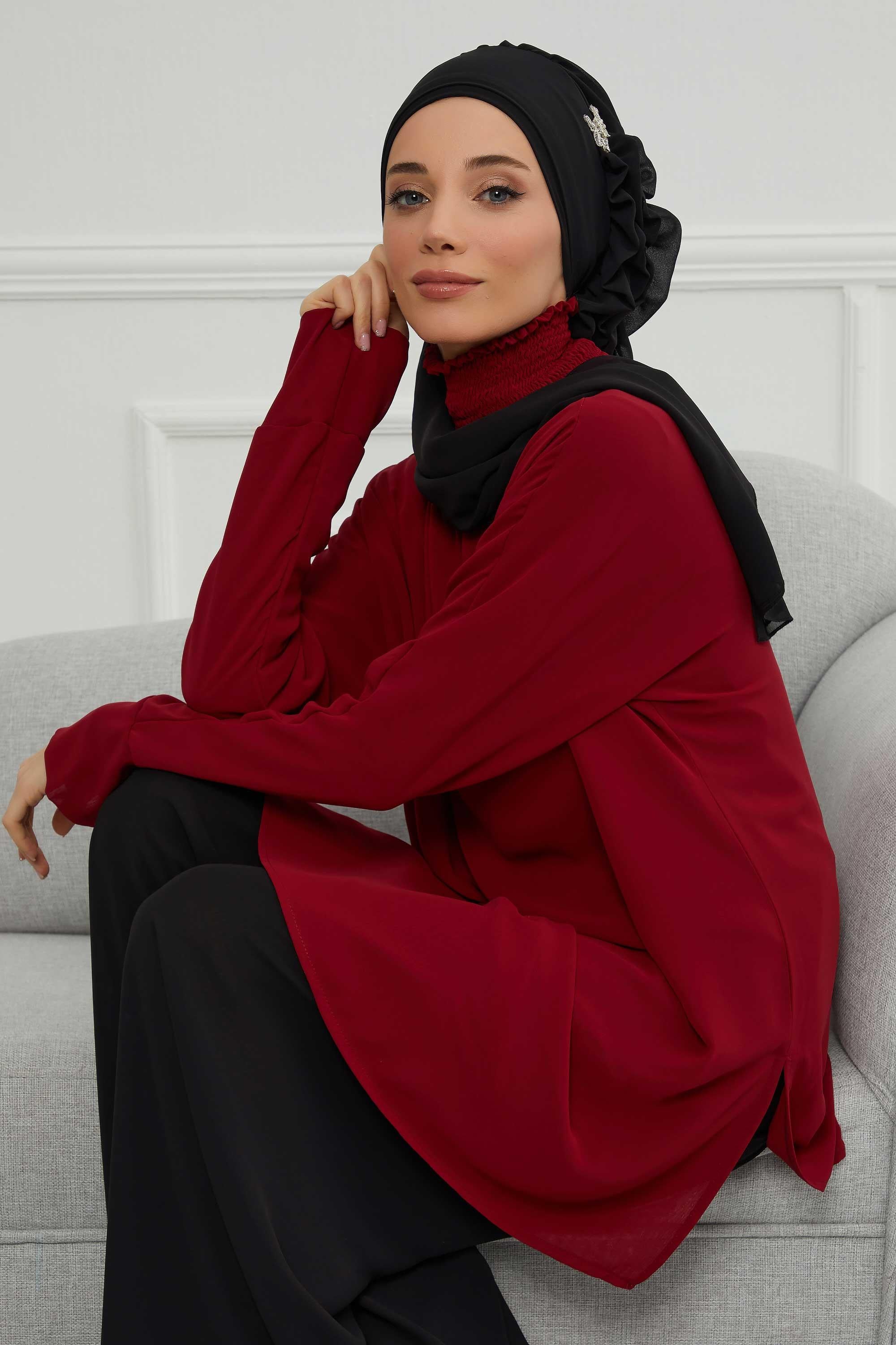 Yandan Fırfırlı Gümüş Aksesuarlı Şifon Hazır Türban,HT-106,HT-106