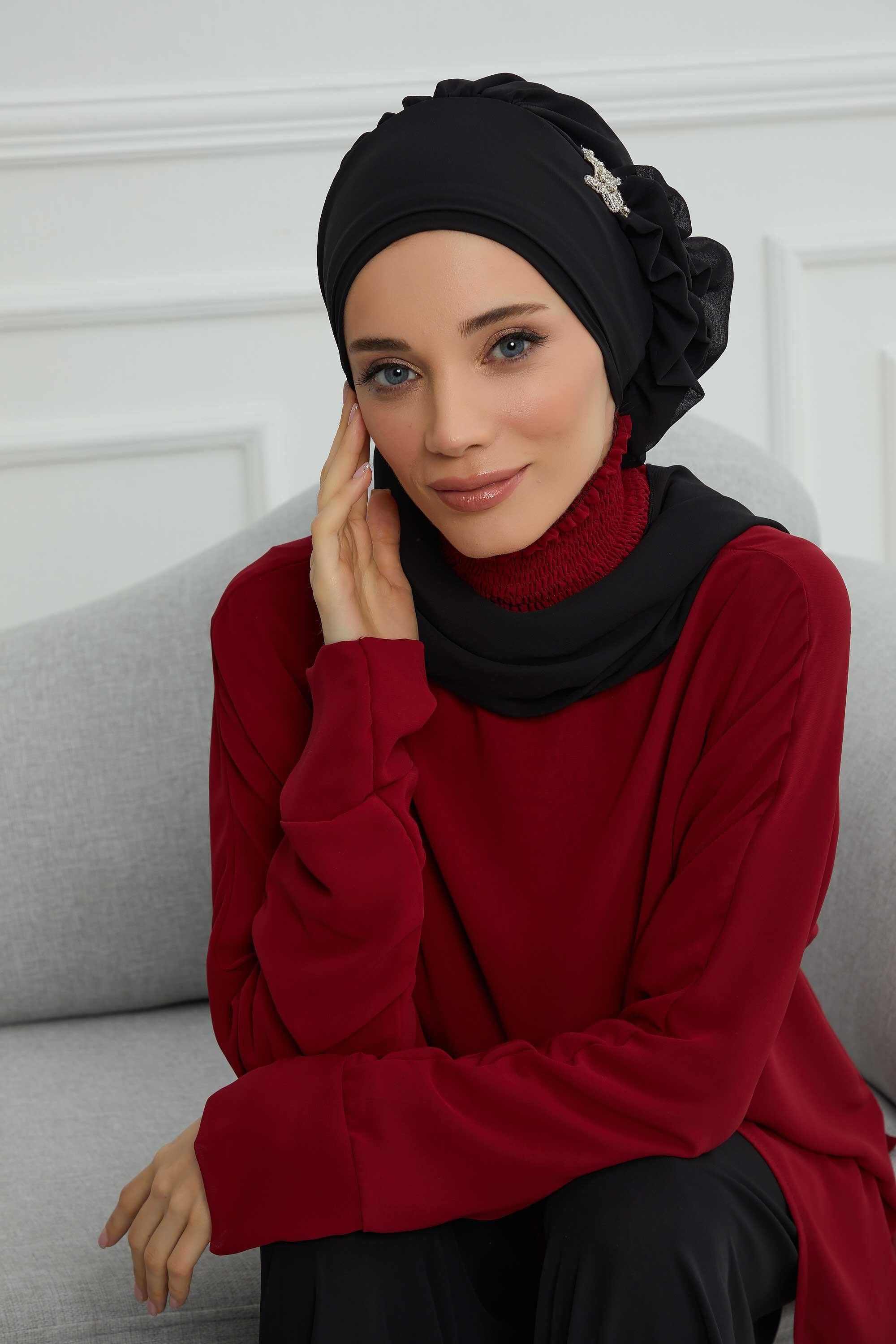 Yandan Fırfırlı Gümüş Aksesuarlı Şifon Hazır Türban,HT-106,HT-106