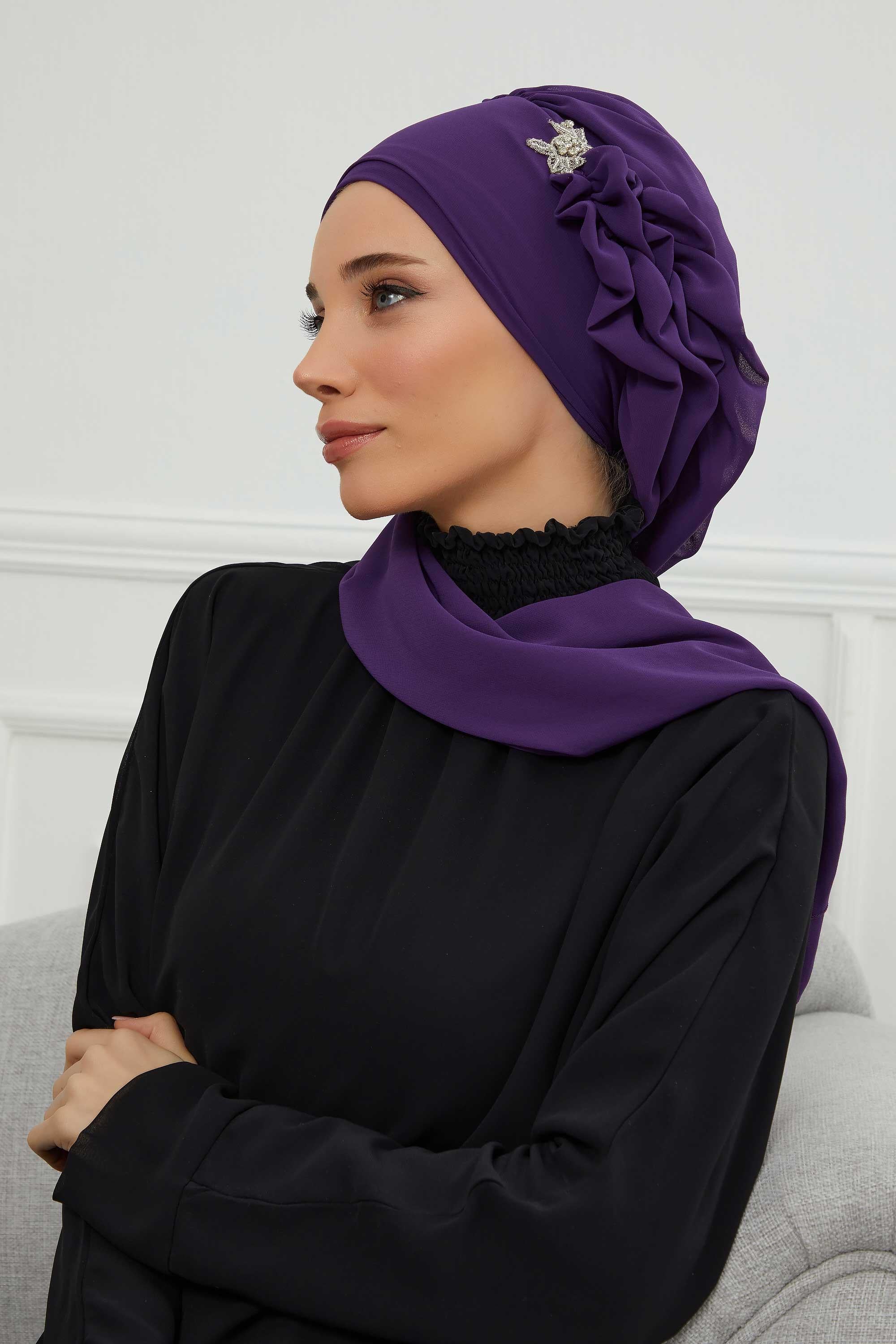 Yandan Fırfırlı Gümüş Aksesuarlı Şifon Hazır Türban,HT-106,HT-106