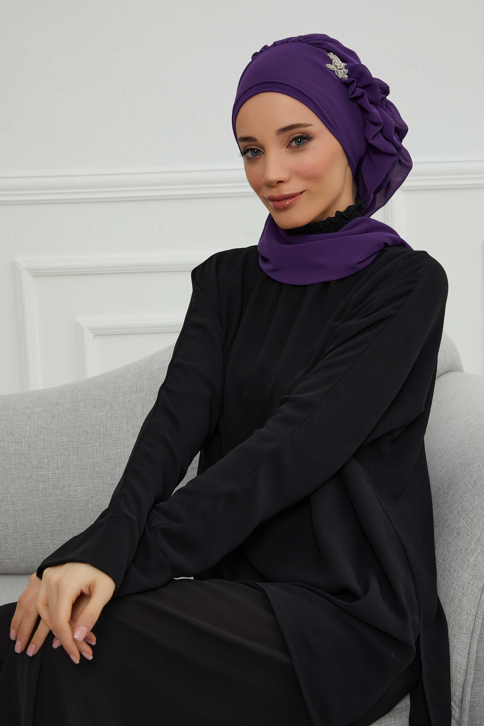 Yandan Fırfırlı Gümüş Aksesuarlı Şifon Hazır Türban,HT-106,HT-106