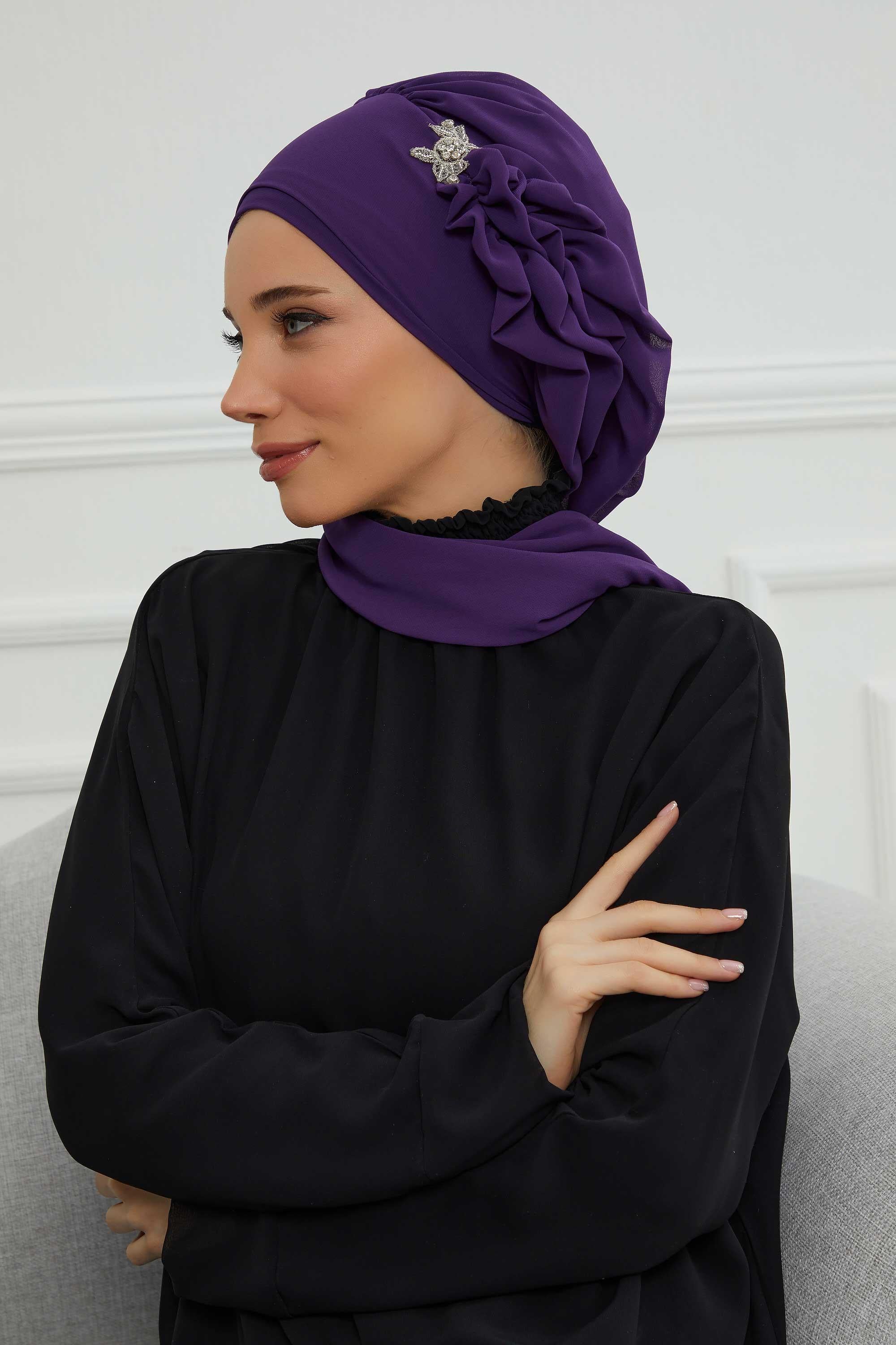 Yandan Fırfırlı Gümüş Aksesuarlı Şifon Hazır Türban,HT-106,HT-106