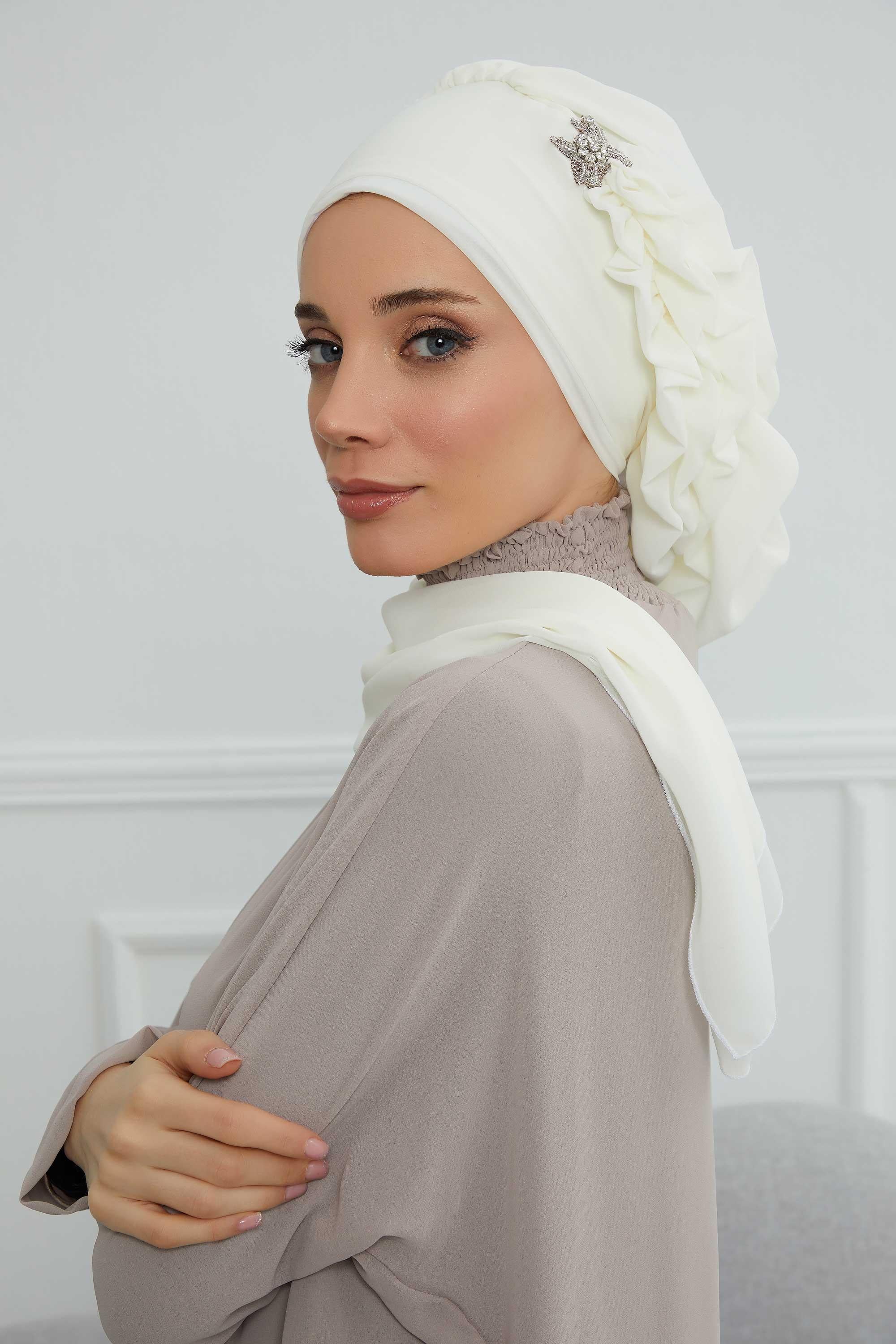 Yandan Fırfırlı Gümüş Aksesuarlı Şifon Hazır Türban,HT-106,HT-106