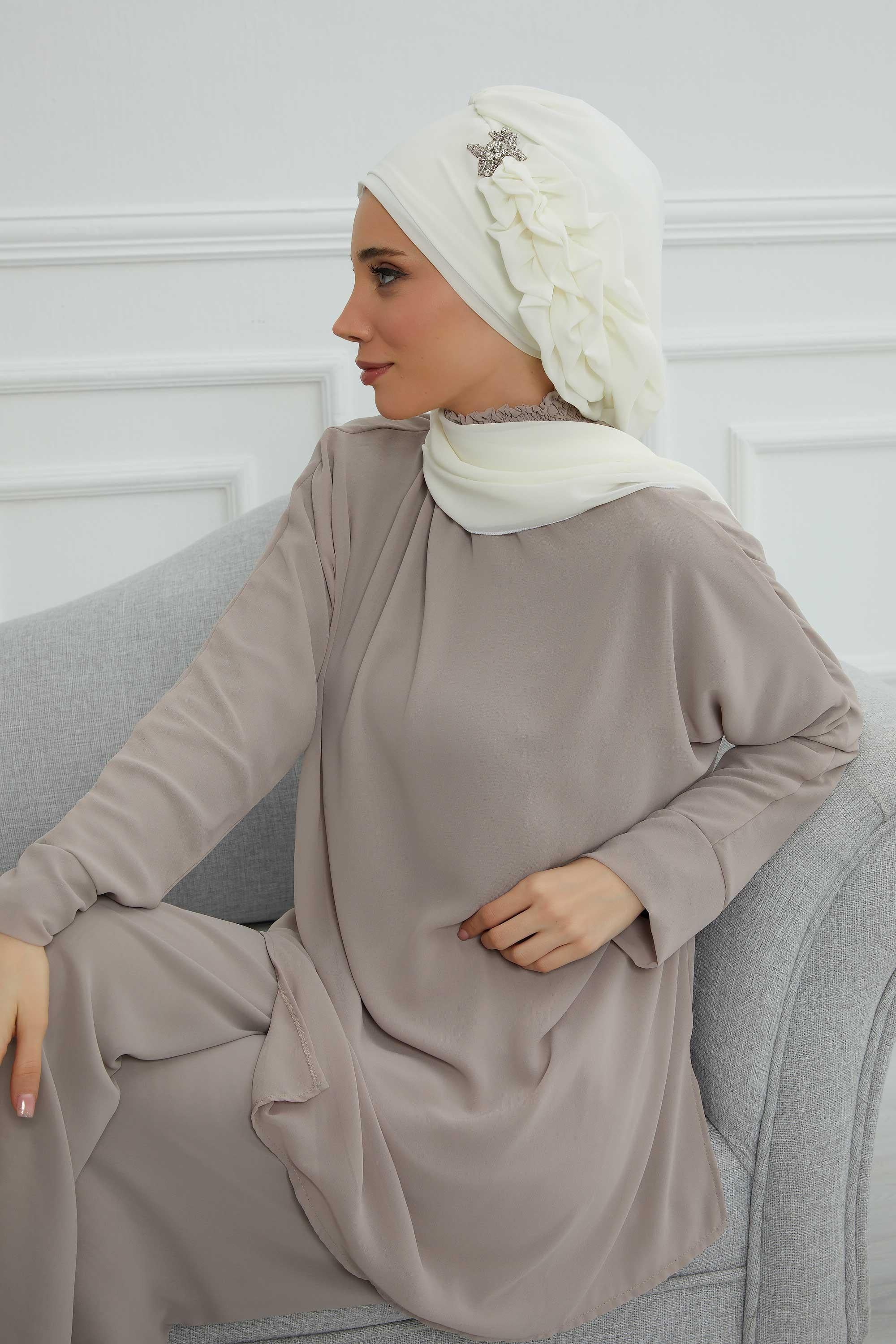 Yandan Fırfırlı Gümüş Aksesuarlı Şifon Hazır Türban,HT-106,HT-106