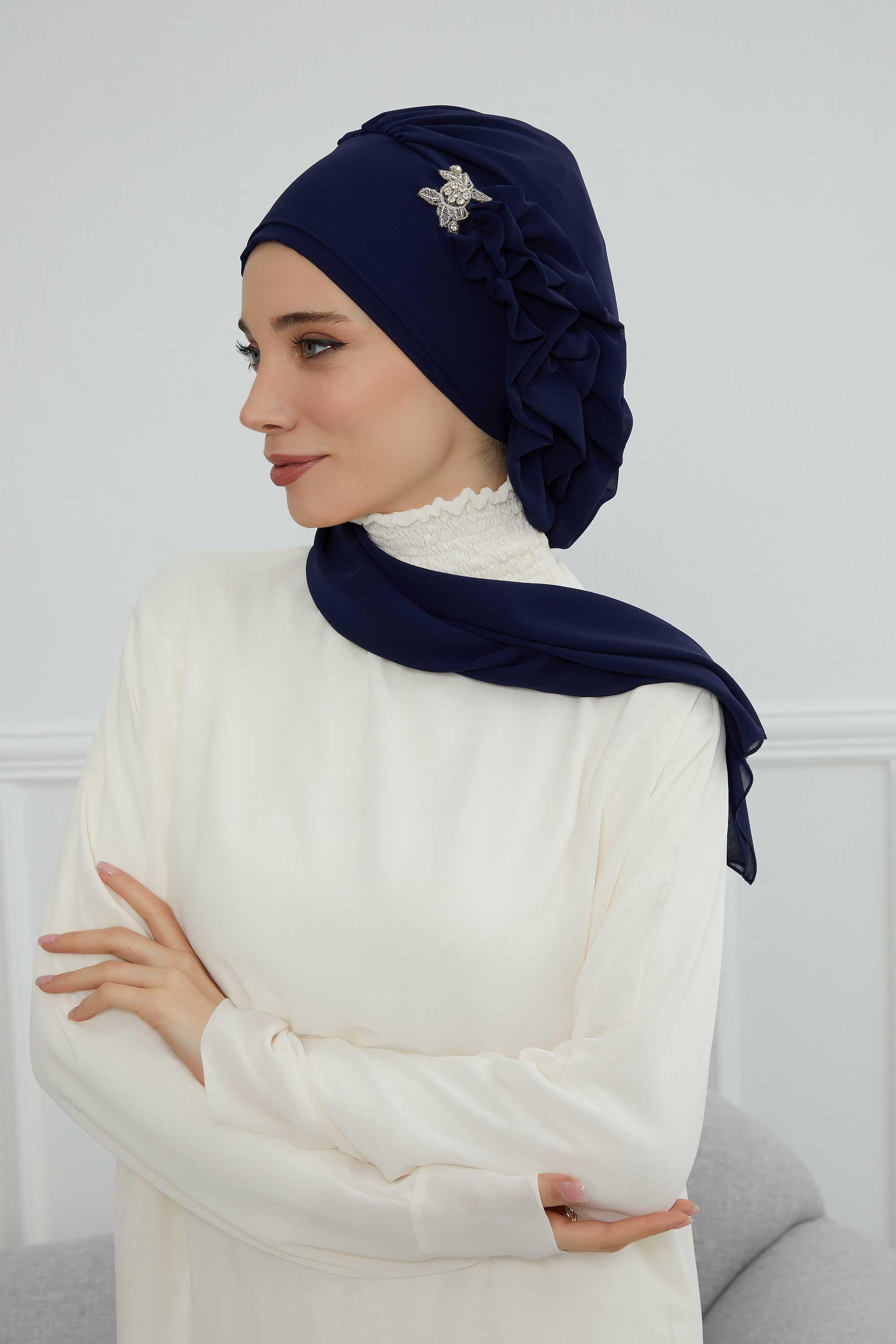 Yandan Fırfırlı Gümüş Aksesuarlı Şifon Hazır Türban,HT-106,HT-106