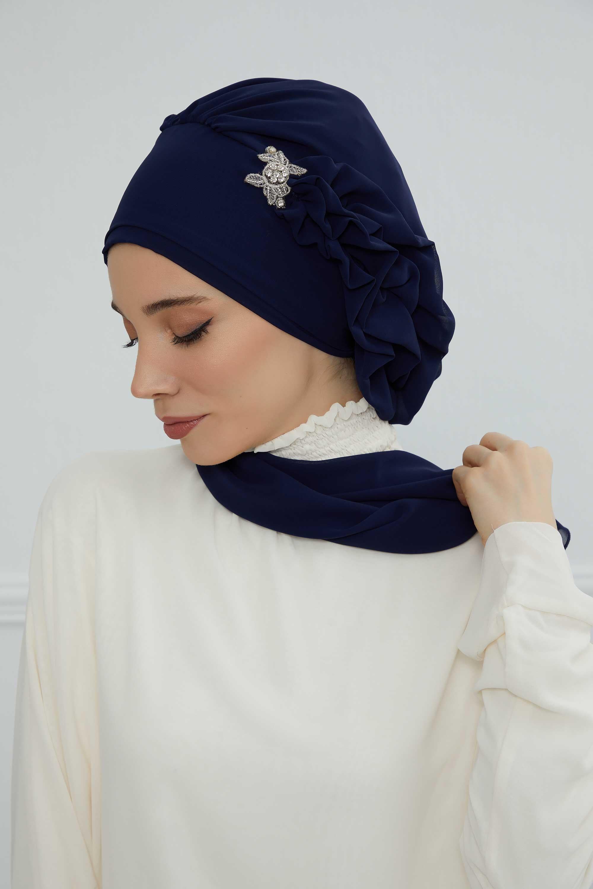 Yandan Fırfırlı Gümüş Aksesuarlı Şifon Hazır Türban,HT-106,HT-106