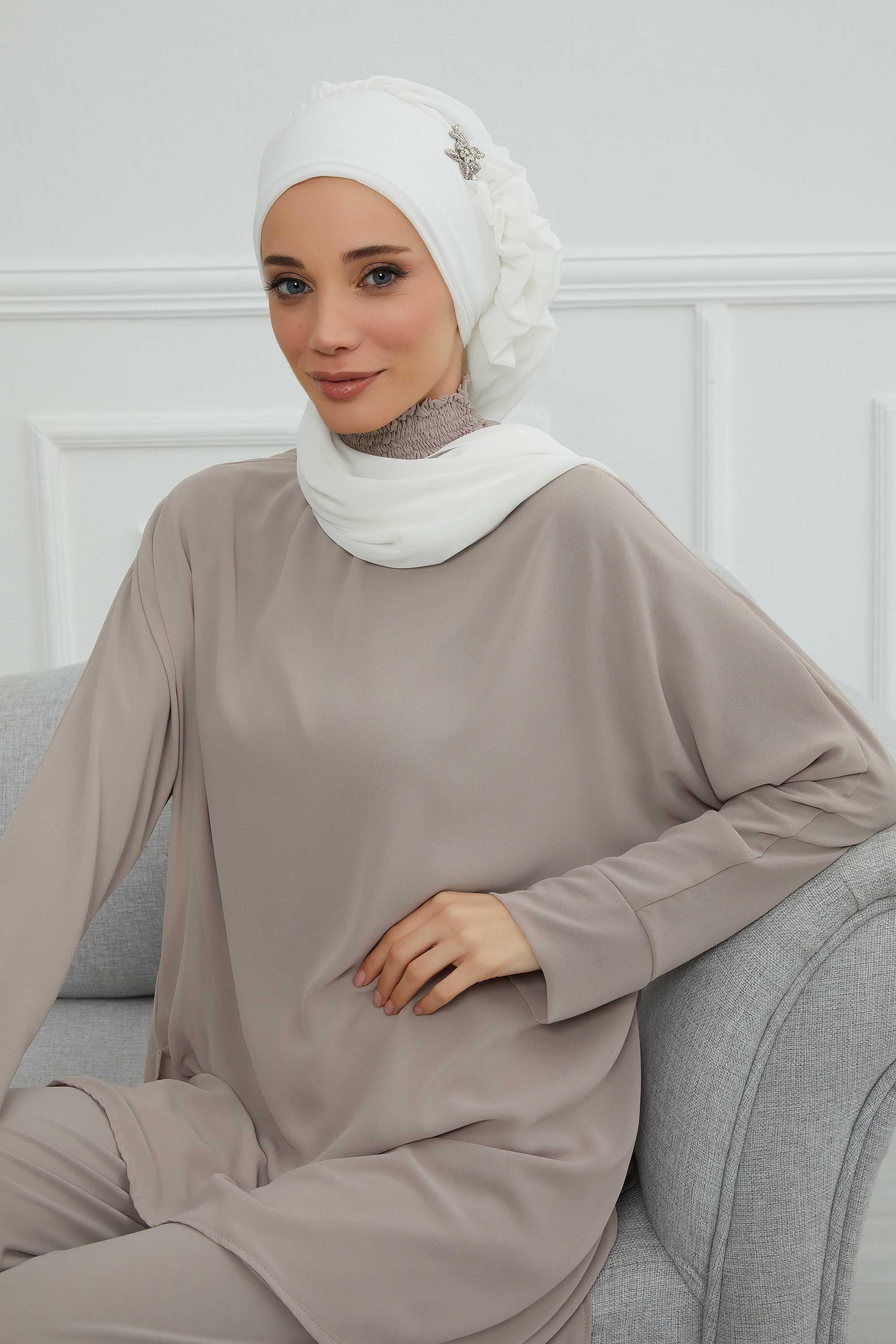 Yandan Fırfırlı Gümüş Aksesuarlı Şifon Hazır Türban,HT-106,HT-106