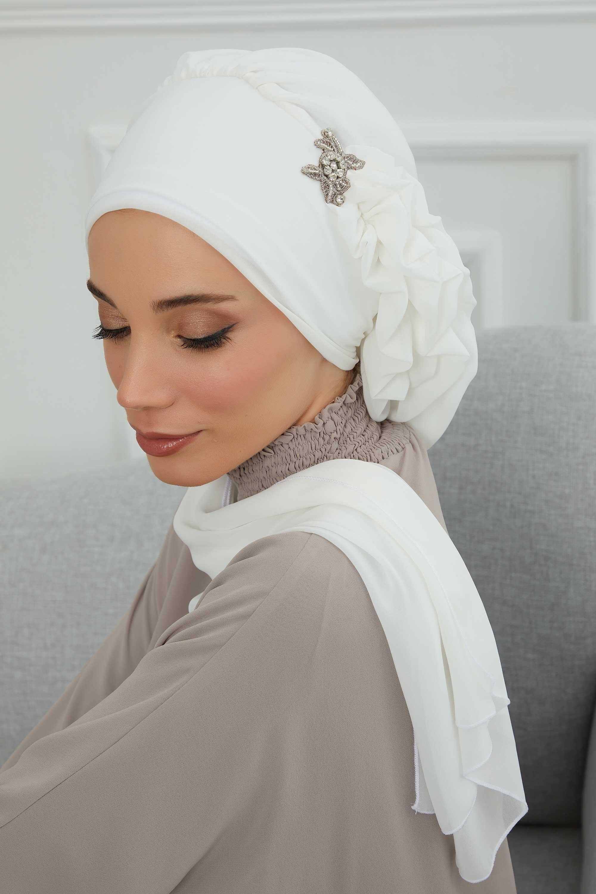 Yandan Fırfırlı Gümüş Aksesuarlı Şifon Hazır Türban,HT-106,HT-106