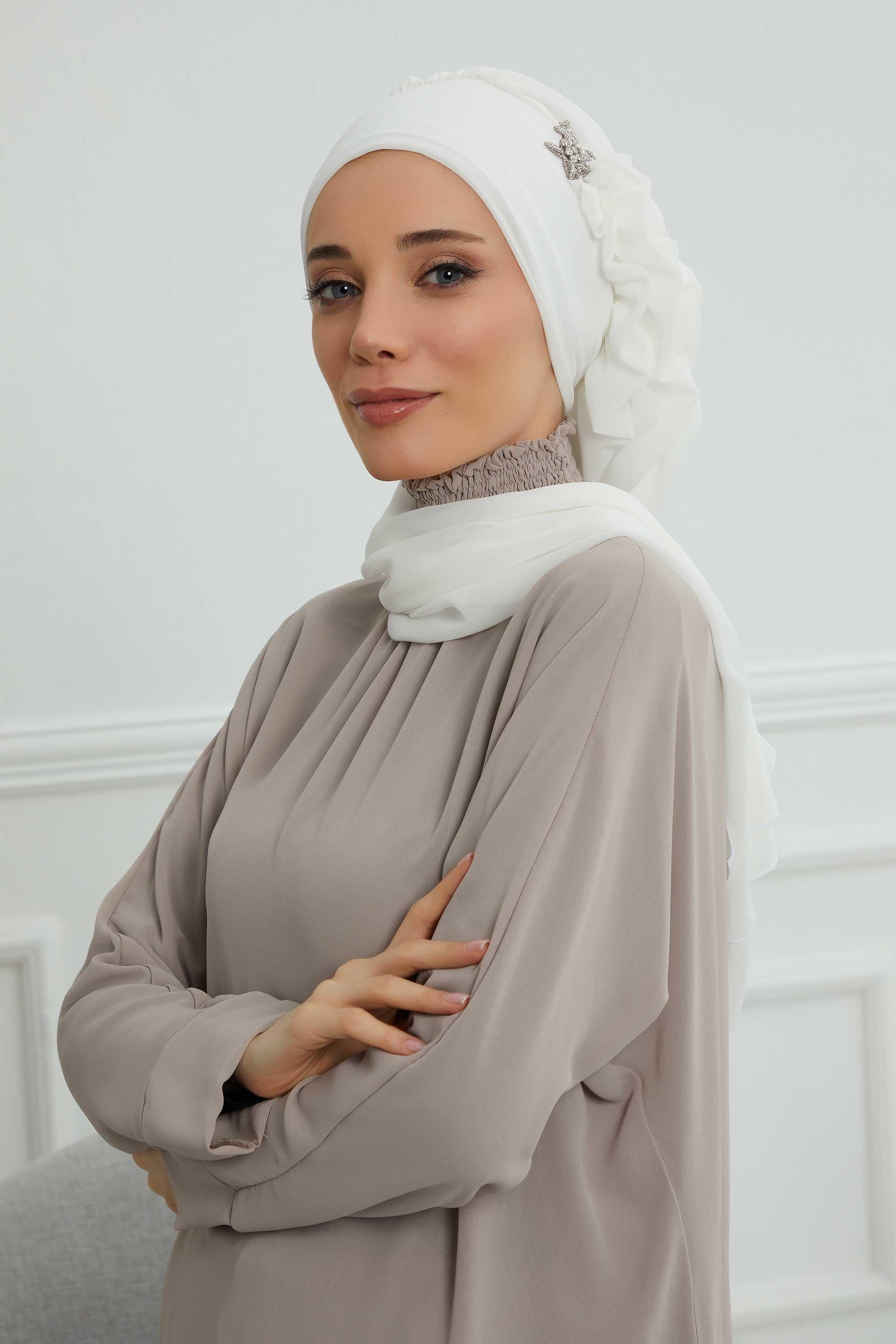 Yandan Fırfırlı Gümüş Aksesuarlı Şifon Hazır Türban,HT-106,HT-106