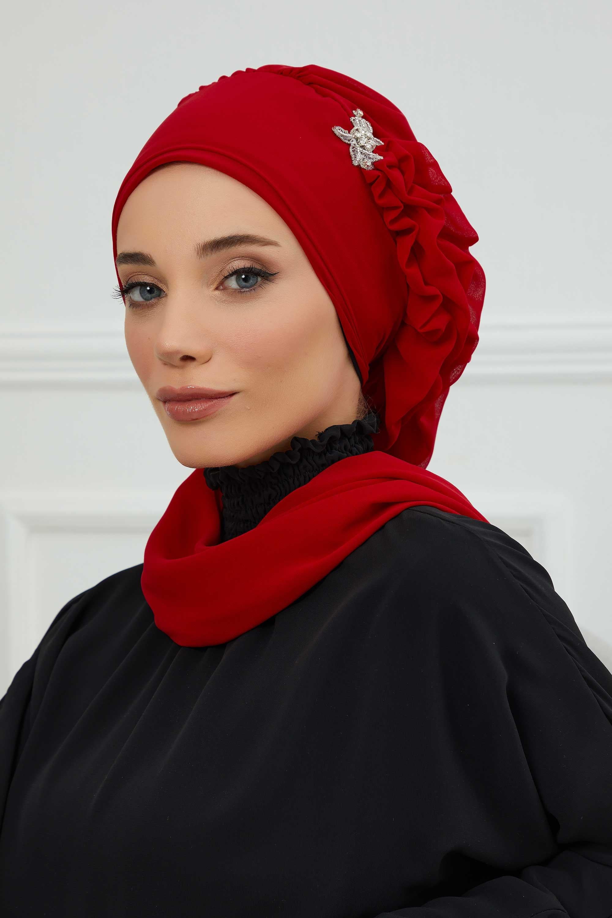 Yandan Fırfırlı Gümüş Aksesuarlı Şifon Hazır Türban,HT-106,HT-106