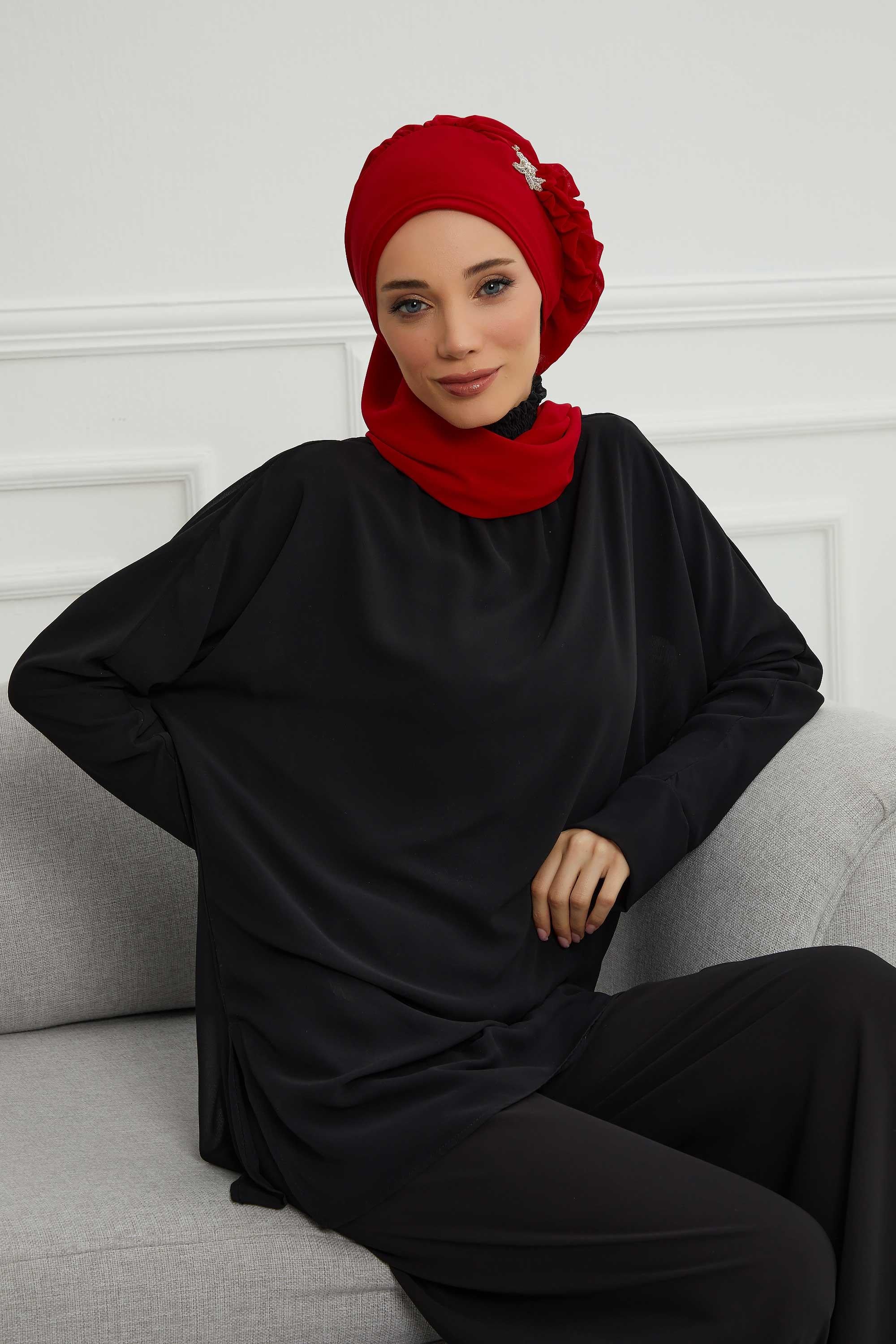 Yandan Fırfırlı Gümüş Aksesuarlı Şifon Hazır Türban,HT-106,HT-106