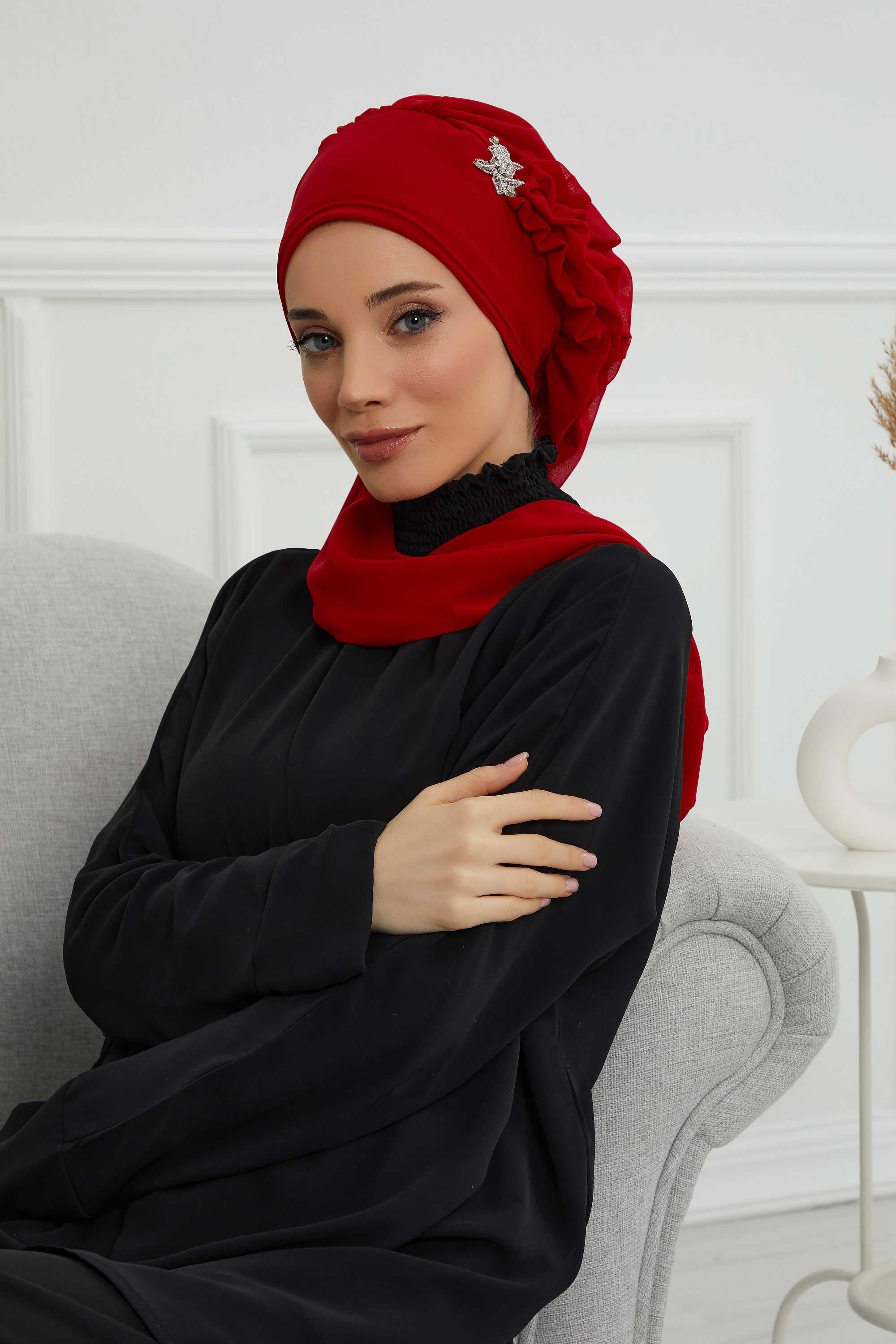 Yandan Fırfırlı Gümüş Aksesuarlı Şifon Hazır Türban,HT-106,HT-106