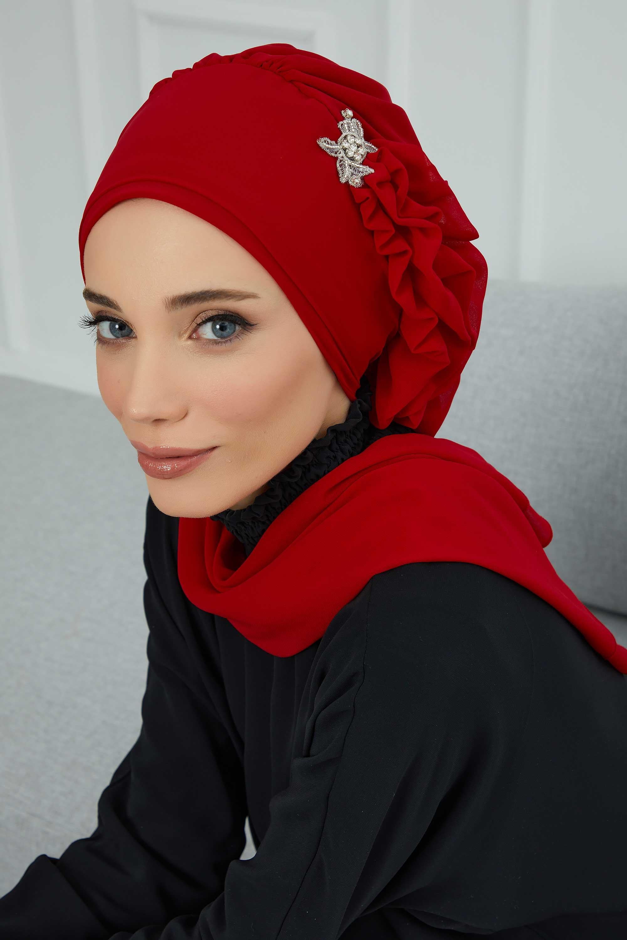 Yandan Fırfırlı Gümüş Aksesuarlı Şifon Hazır Türban,HT-106,HT-106