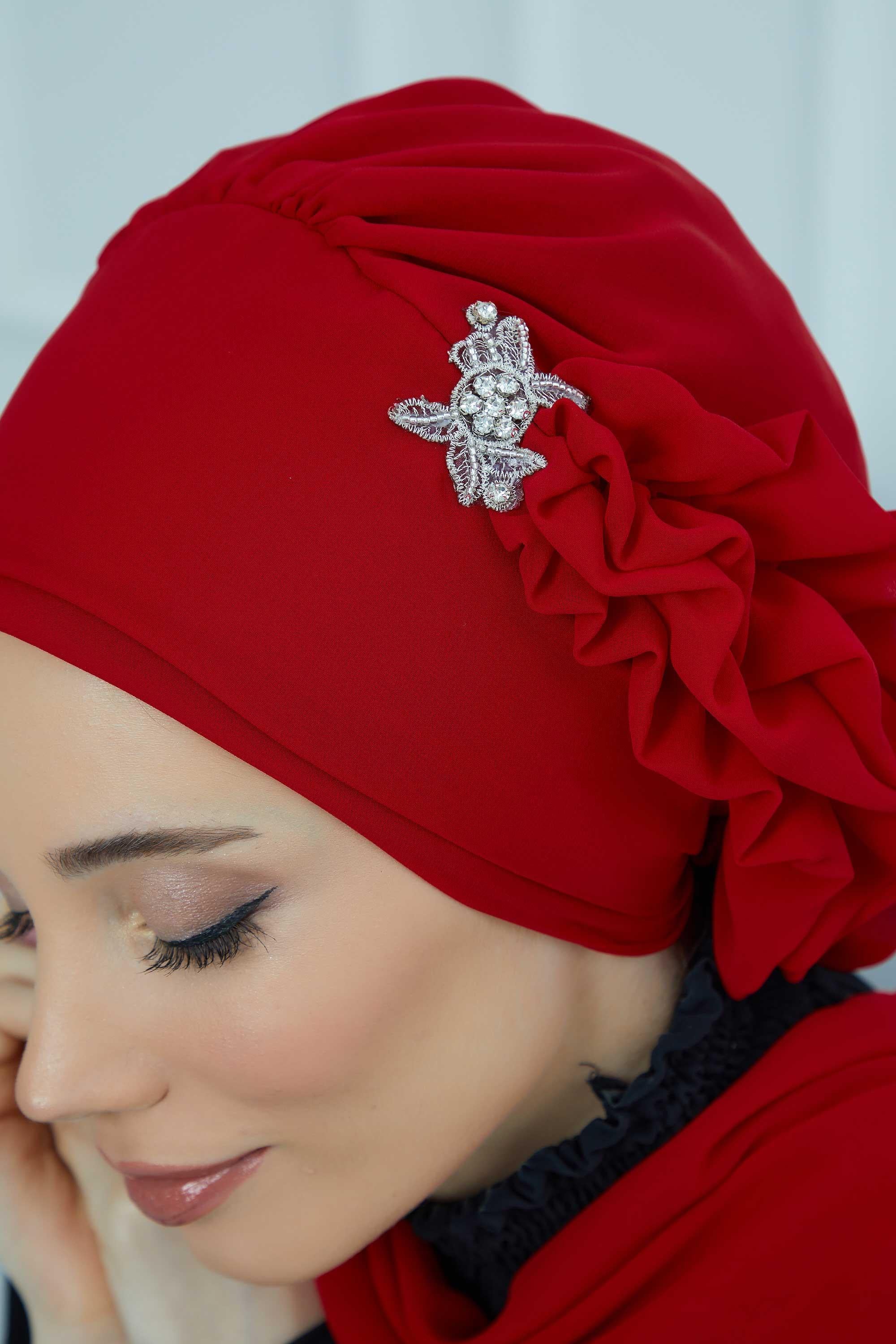 Yandan Fırfırlı Gümüş Aksesuarlı Şifon Hazır Türban,HT-106,HT-106