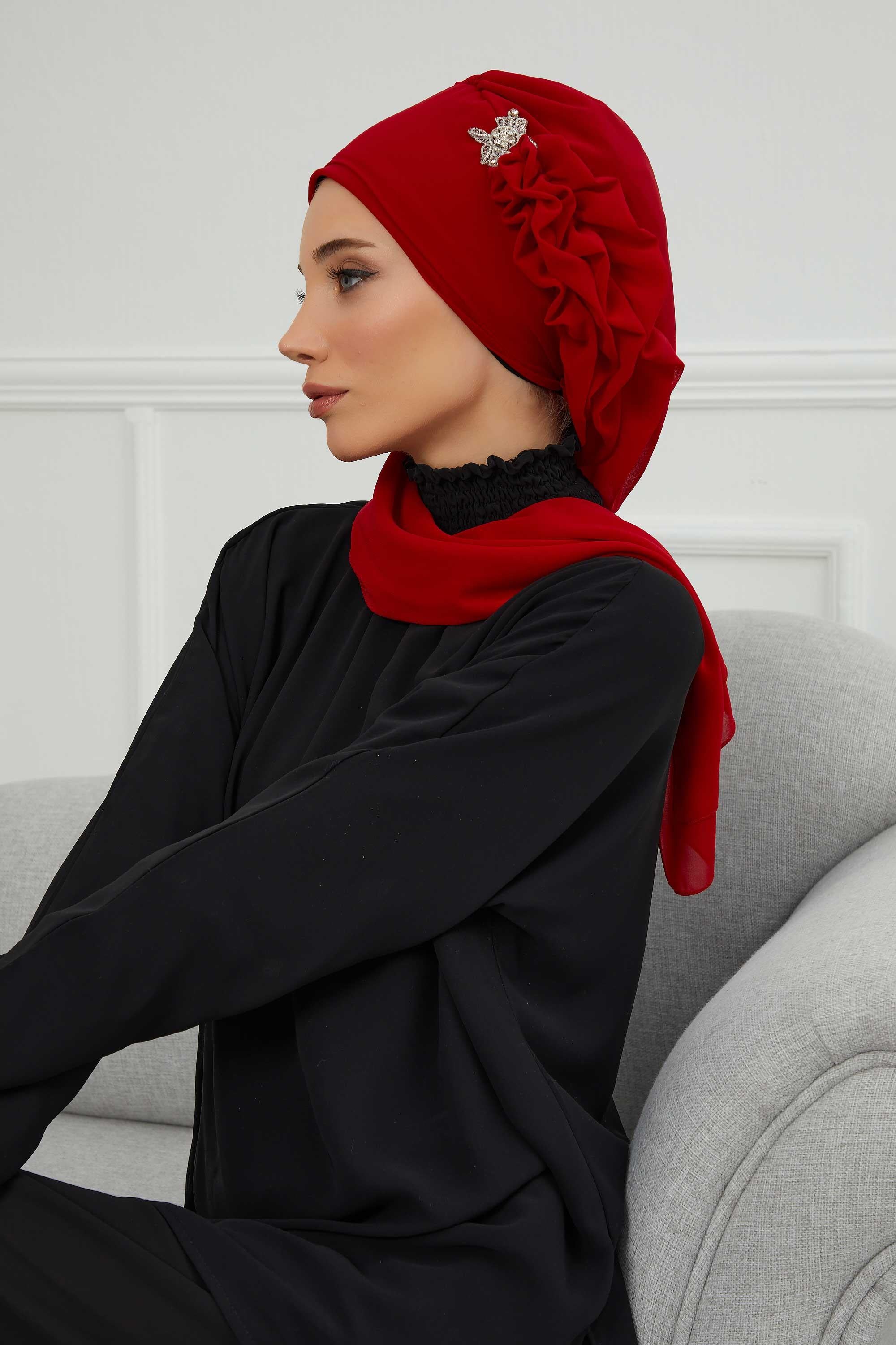 Yandan Fırfırlı Gümüş Aksesuarlı Şifon Hazır Türban,HT-106,HT-106