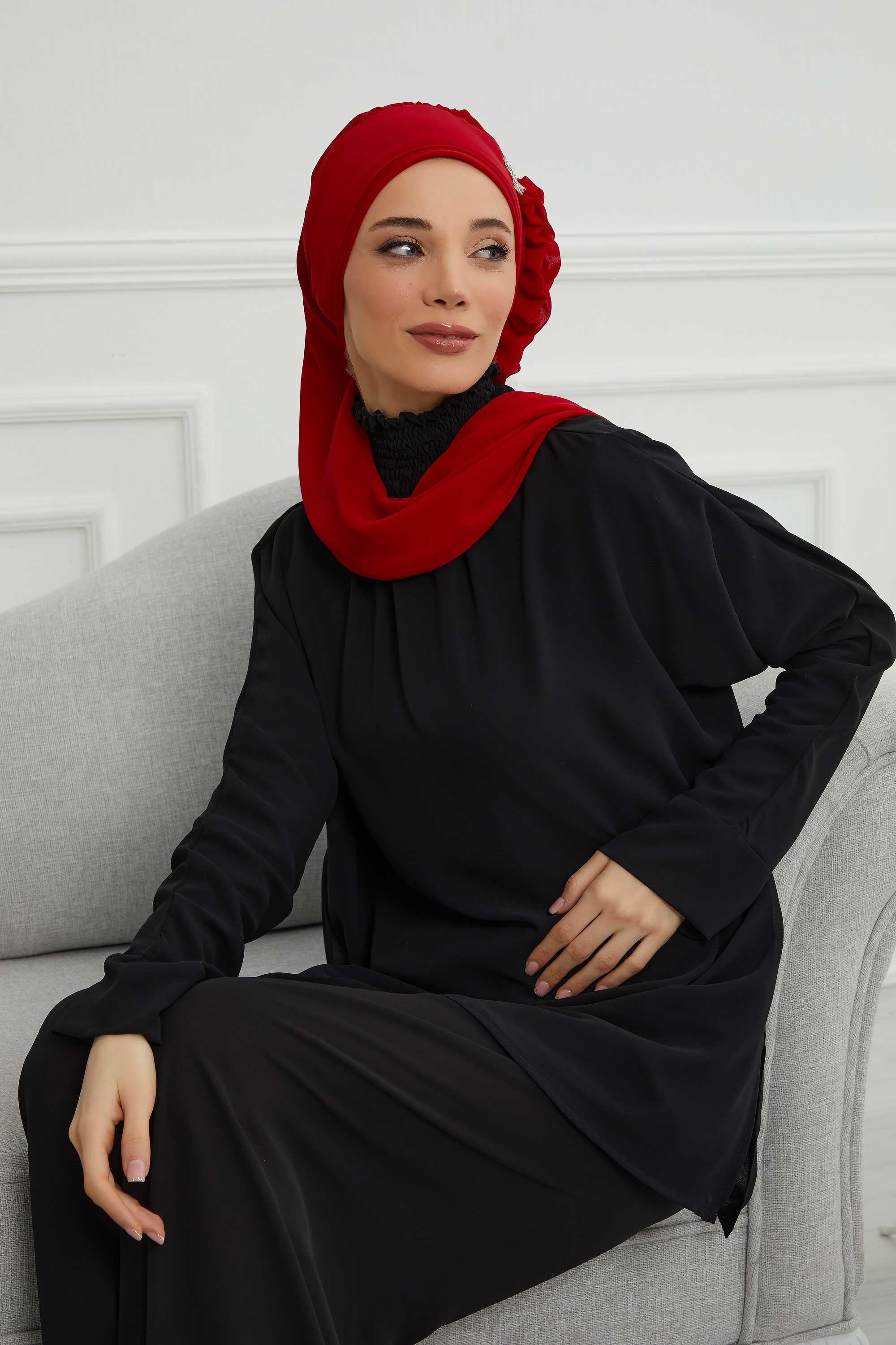 Yandan Fırfırlı Gümüş Aksesuarlı Şifon Hazır Türban,HT-106,HT-106