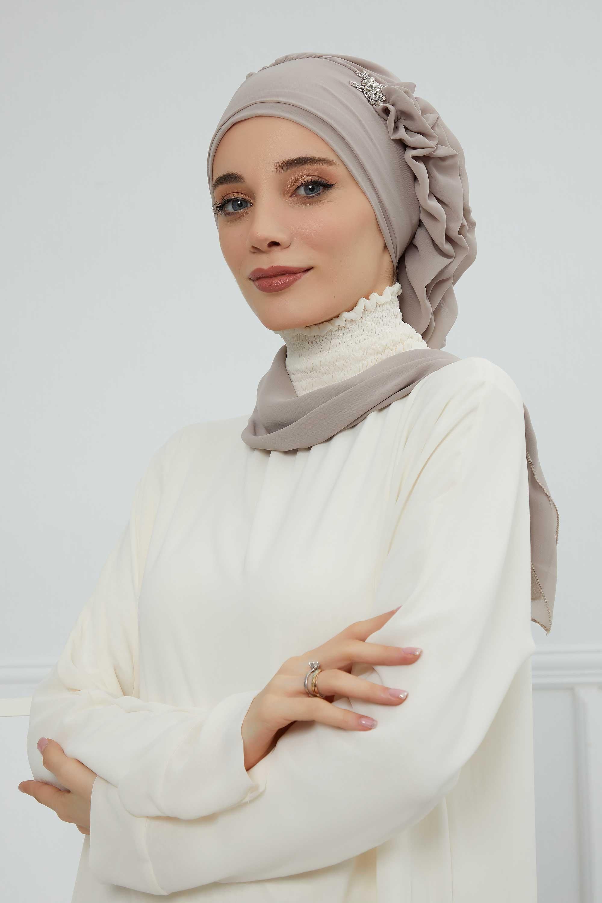 Yandan Fırfırlı Gümüş Aksesuarlı Şifon Hazır Türban,HT-106,HT-106