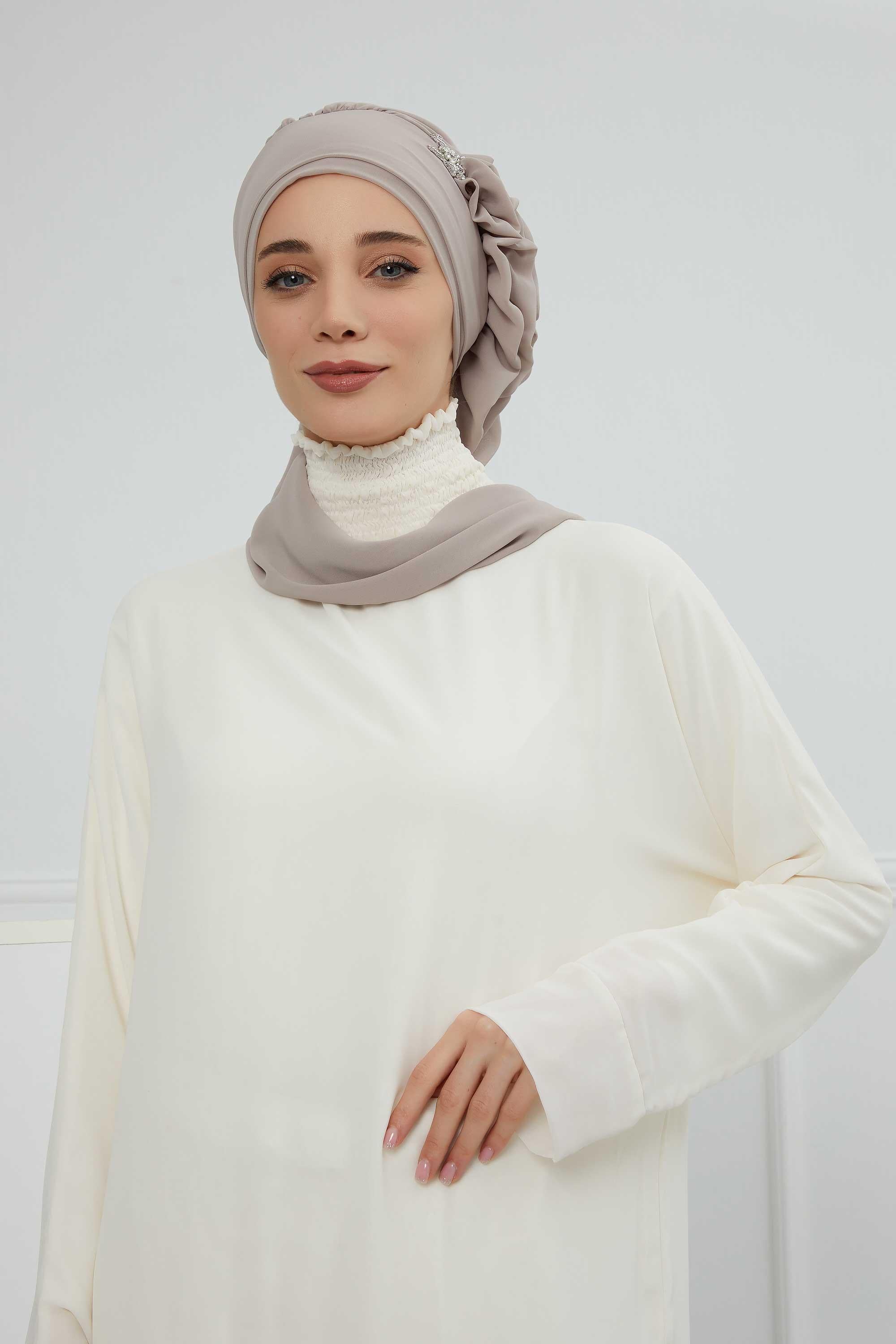 Yandan Fırfırlı Gümüş Aksesuarlı Şifon Hazır Türban,HT-106,HT-106