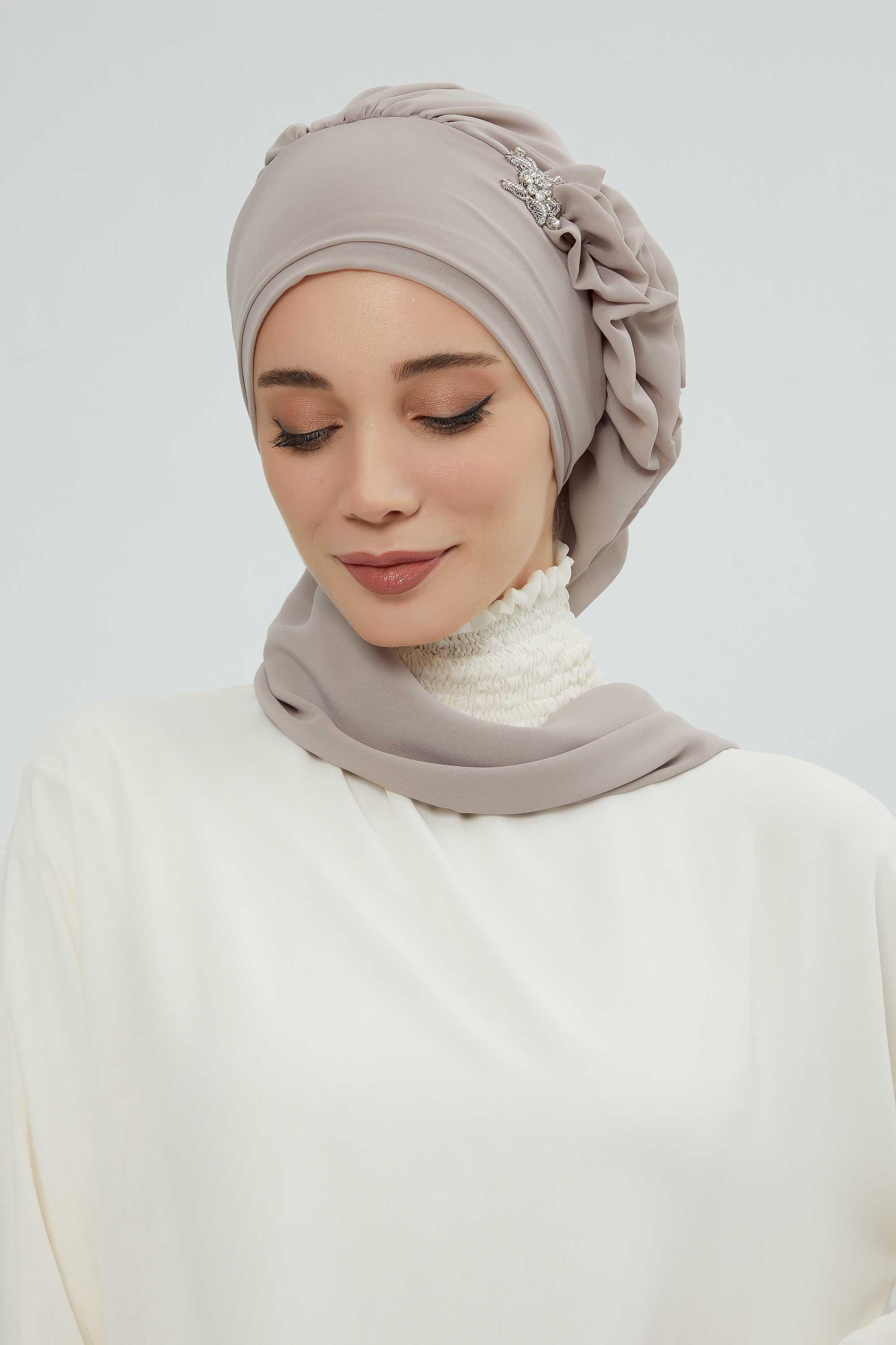 Yandan Fırfırlı Gümüş Aksesuarlı Şifon Hazır Türban,HT-106,HT-106