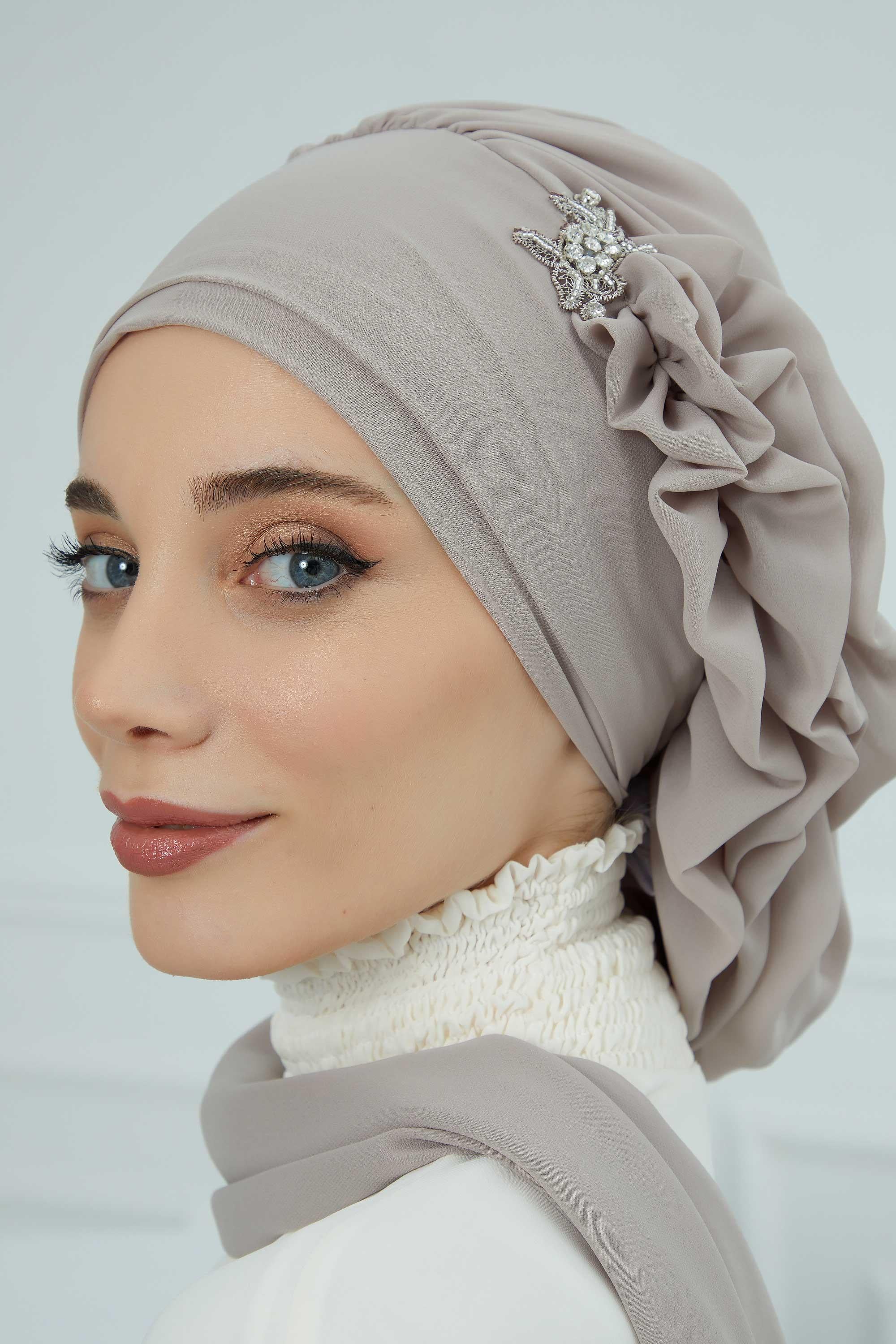 Yandan Fırfırlı Gümüş Aksesuarlı Şifon Hazır Türban,HT-106,HT-106