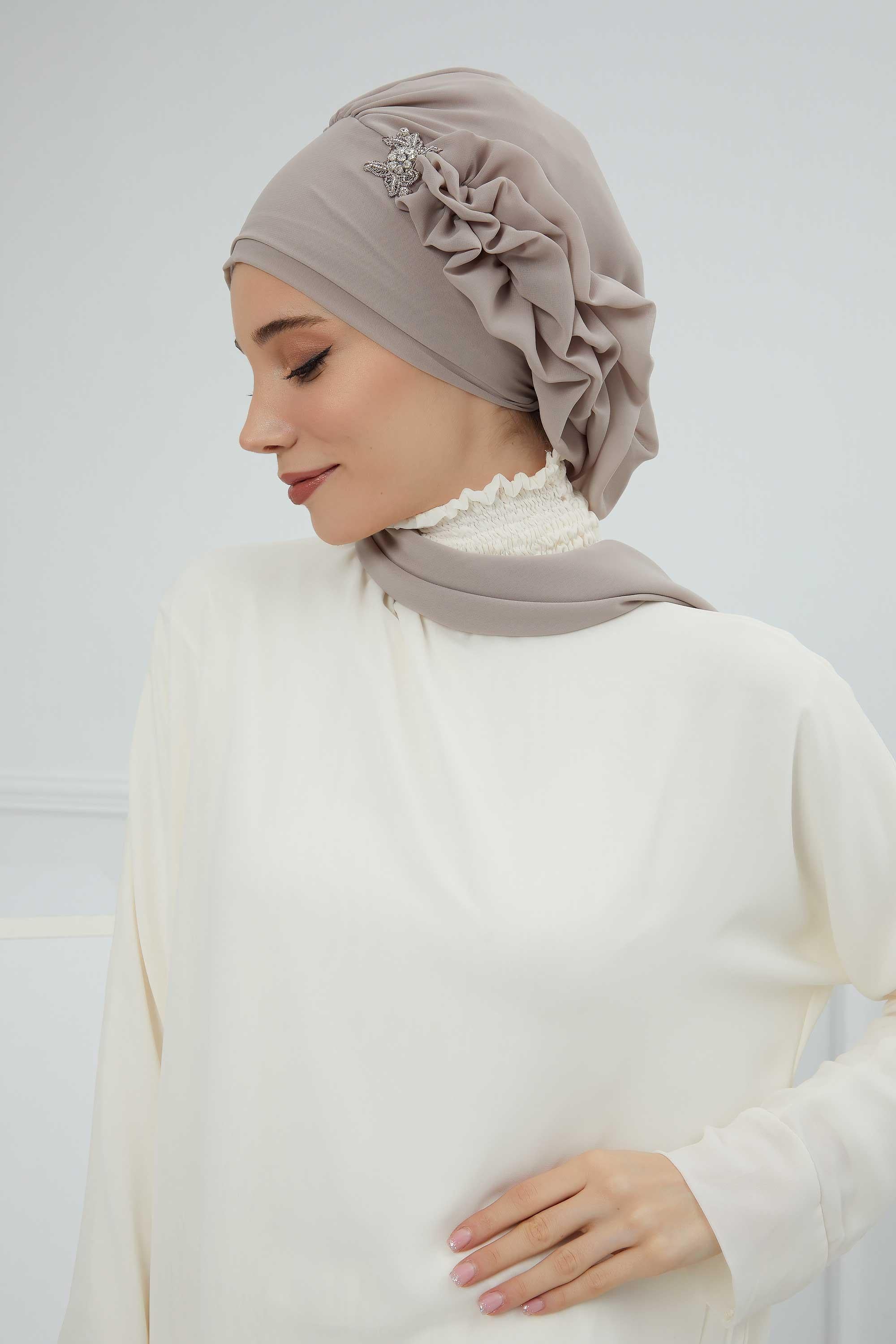 Yandan Fırfırlı Gümüş Aksesuarlı Şifon Hazır Türban,HT-106,HT-106