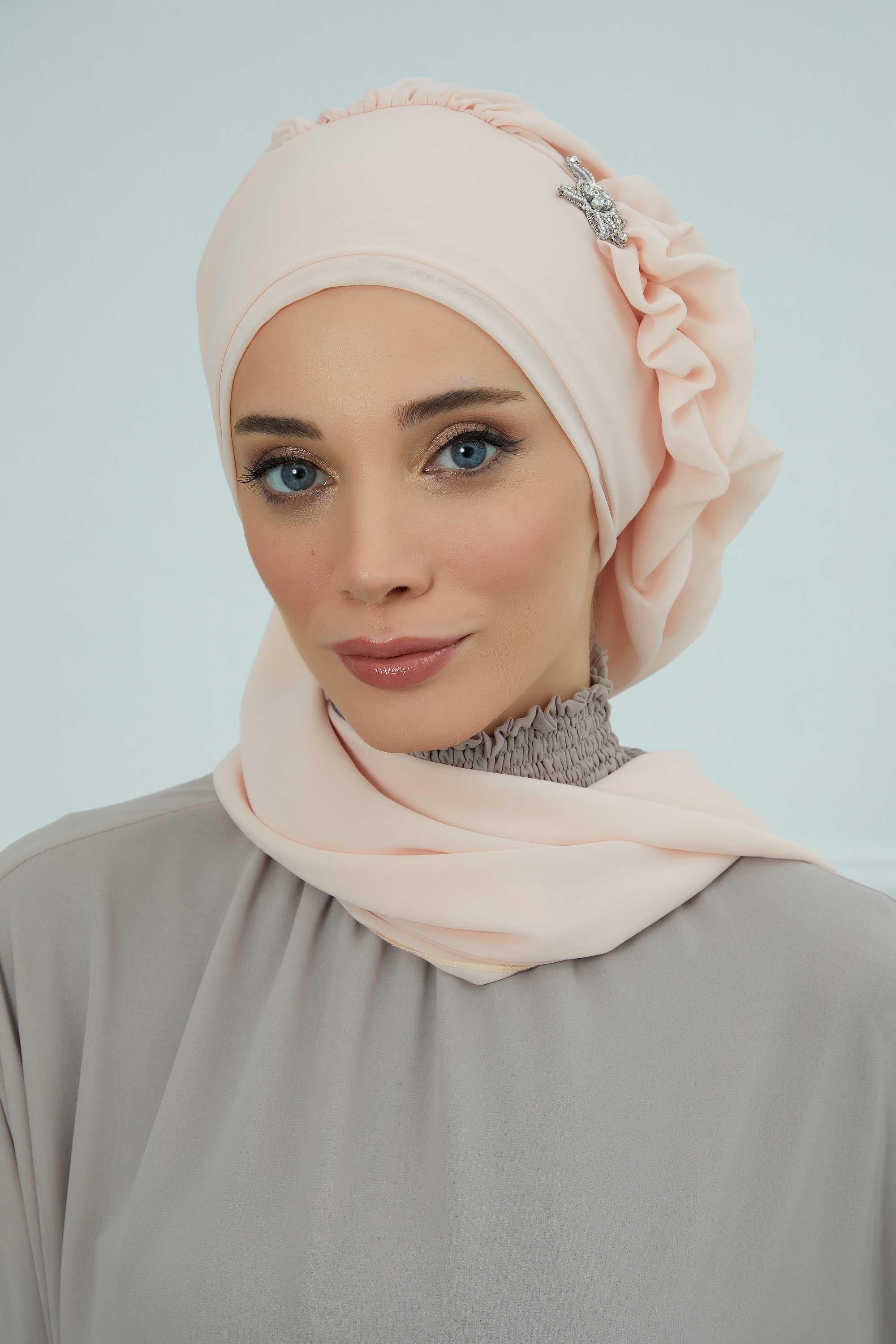 Yandan Fırfırlı Gümüş Aksesuarlı Şifon Hazır Türban,HT-106,HT-106