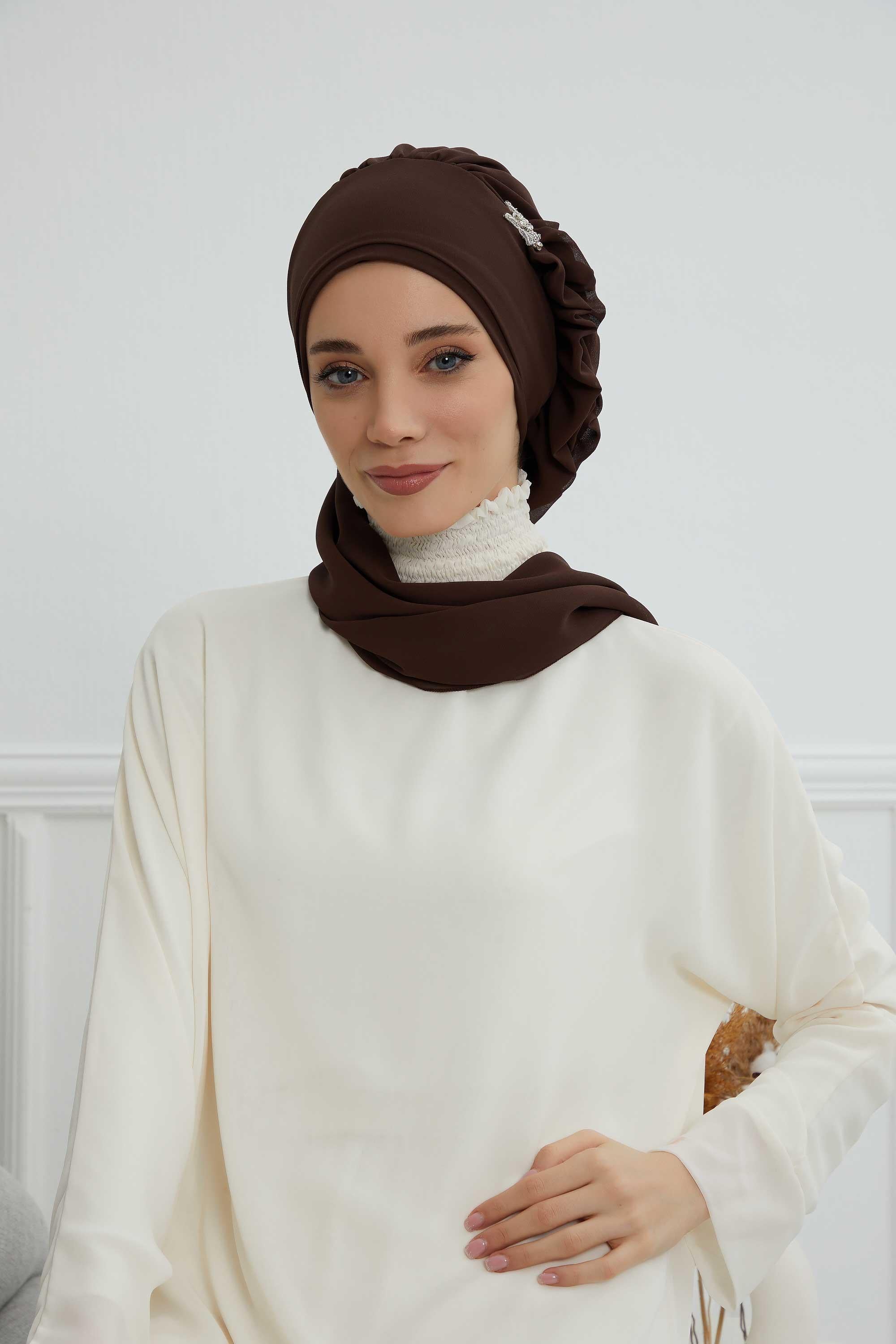 Yandan Fırfırlı Gümüş Aksesuarlı Şifon Hazır Türban,HT-106,HT-106