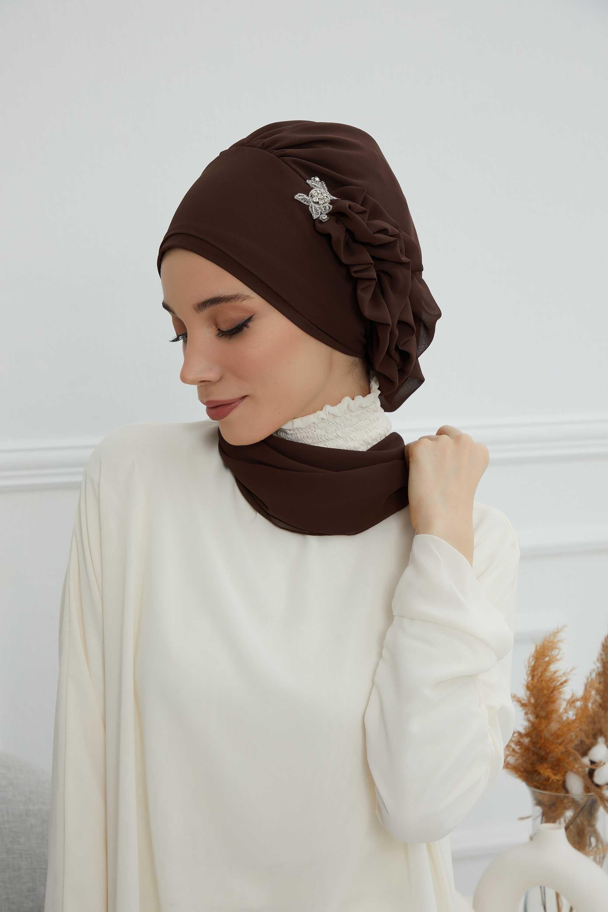 Yandan Fırfırlı Gümüş Aksesuarlı Şifon Hazır Türban,HT-106,HT-106