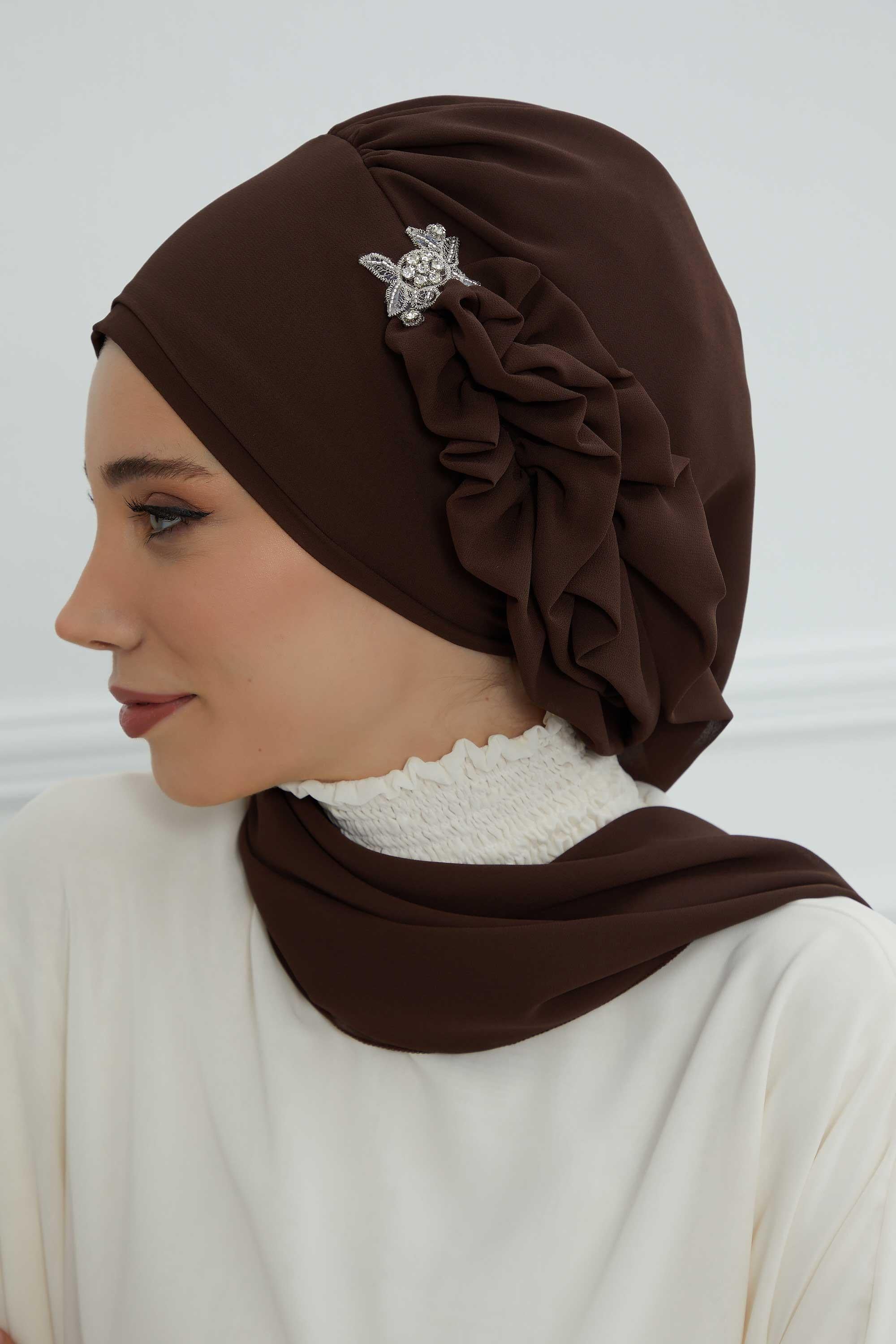 Yandan Fırfırlı Gümüş Aksesuarlı Şifon Hazır Türban,HT-106,HT-106