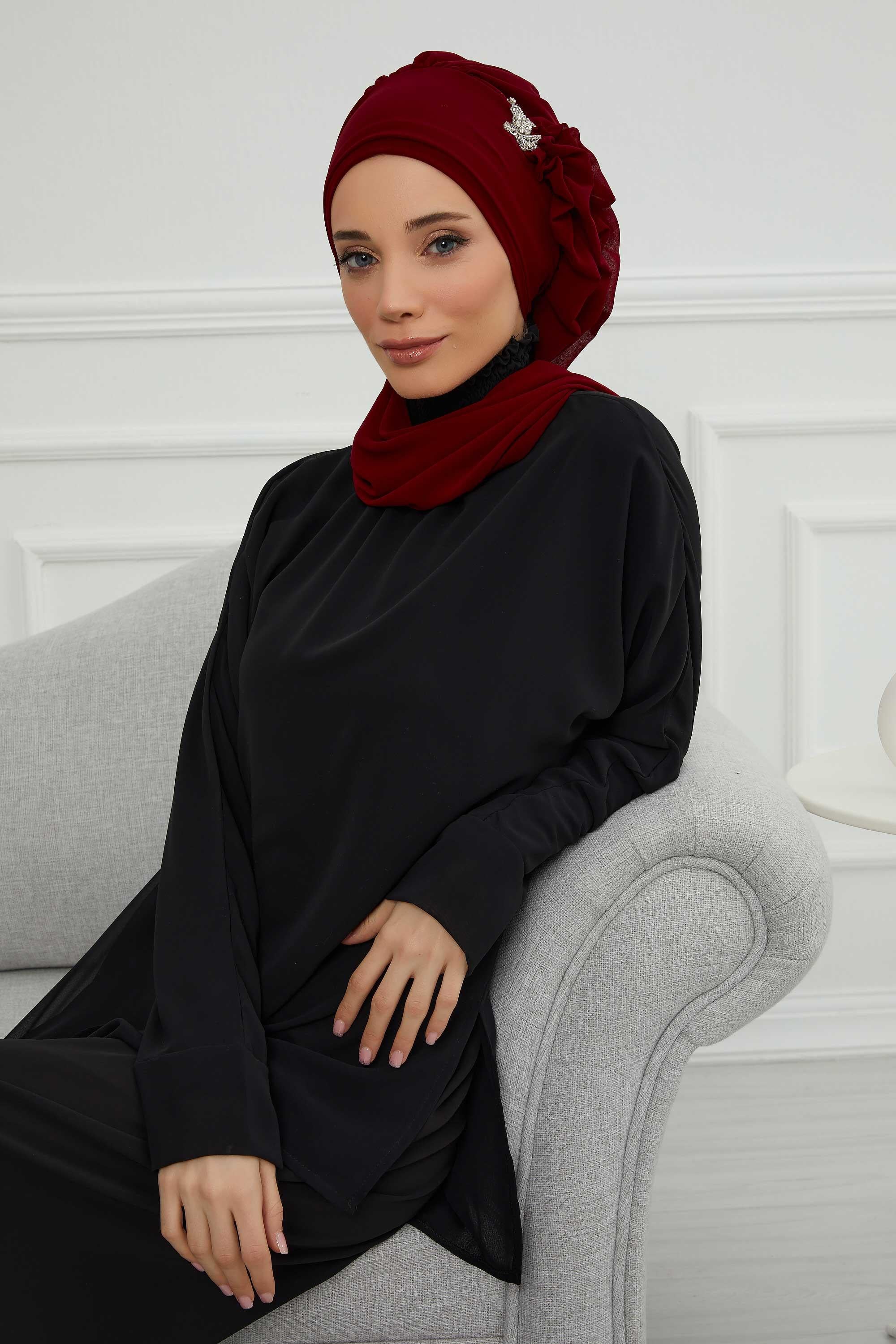 Yandan Fırfırlı Gümüş Aksesuarlı Şifon Hazır Türban,HT-106,HT-106