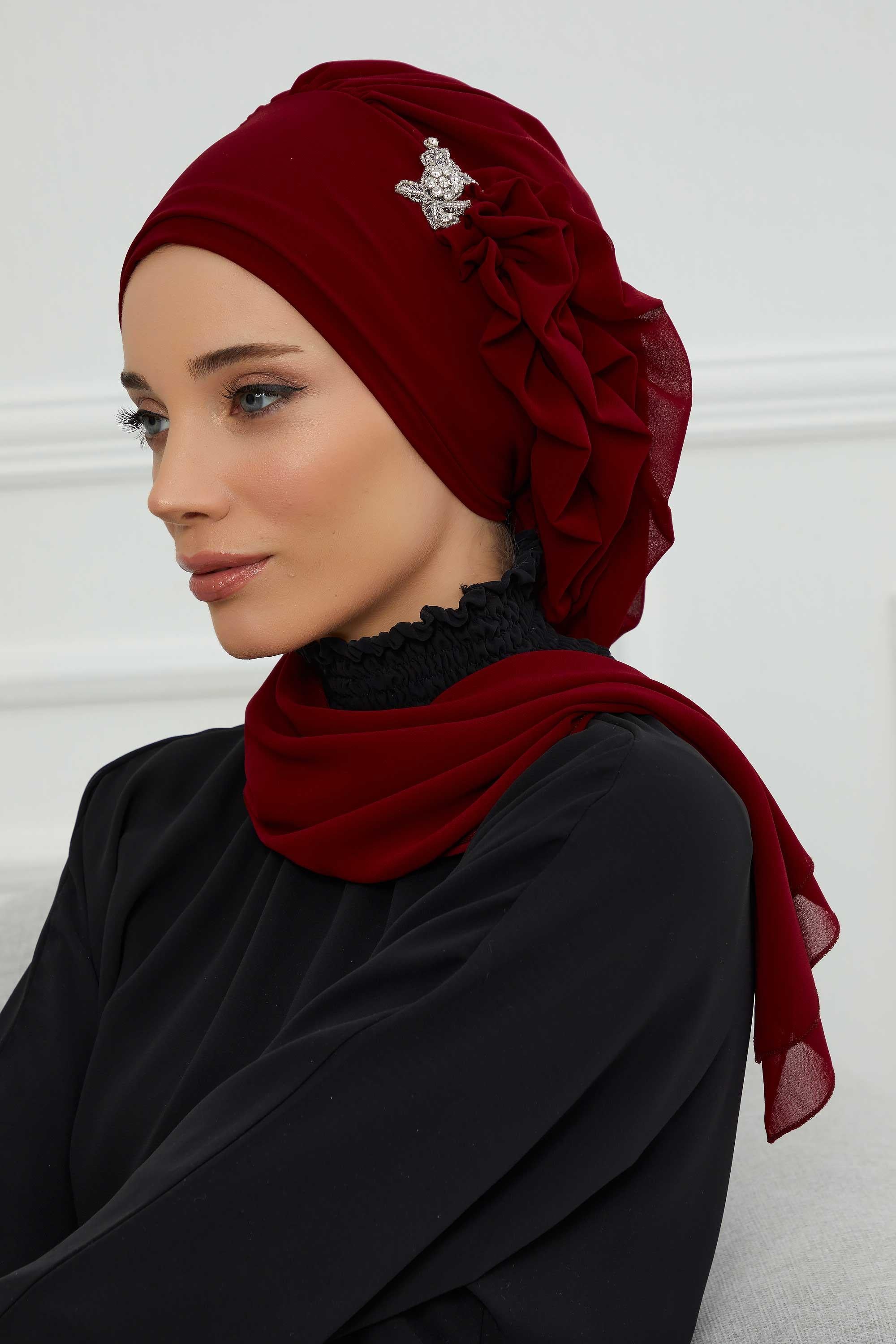 Yandan Fırfırlı Gümüş Aksesuarlı Şifon Hazır Türban,HT-106,HT-106