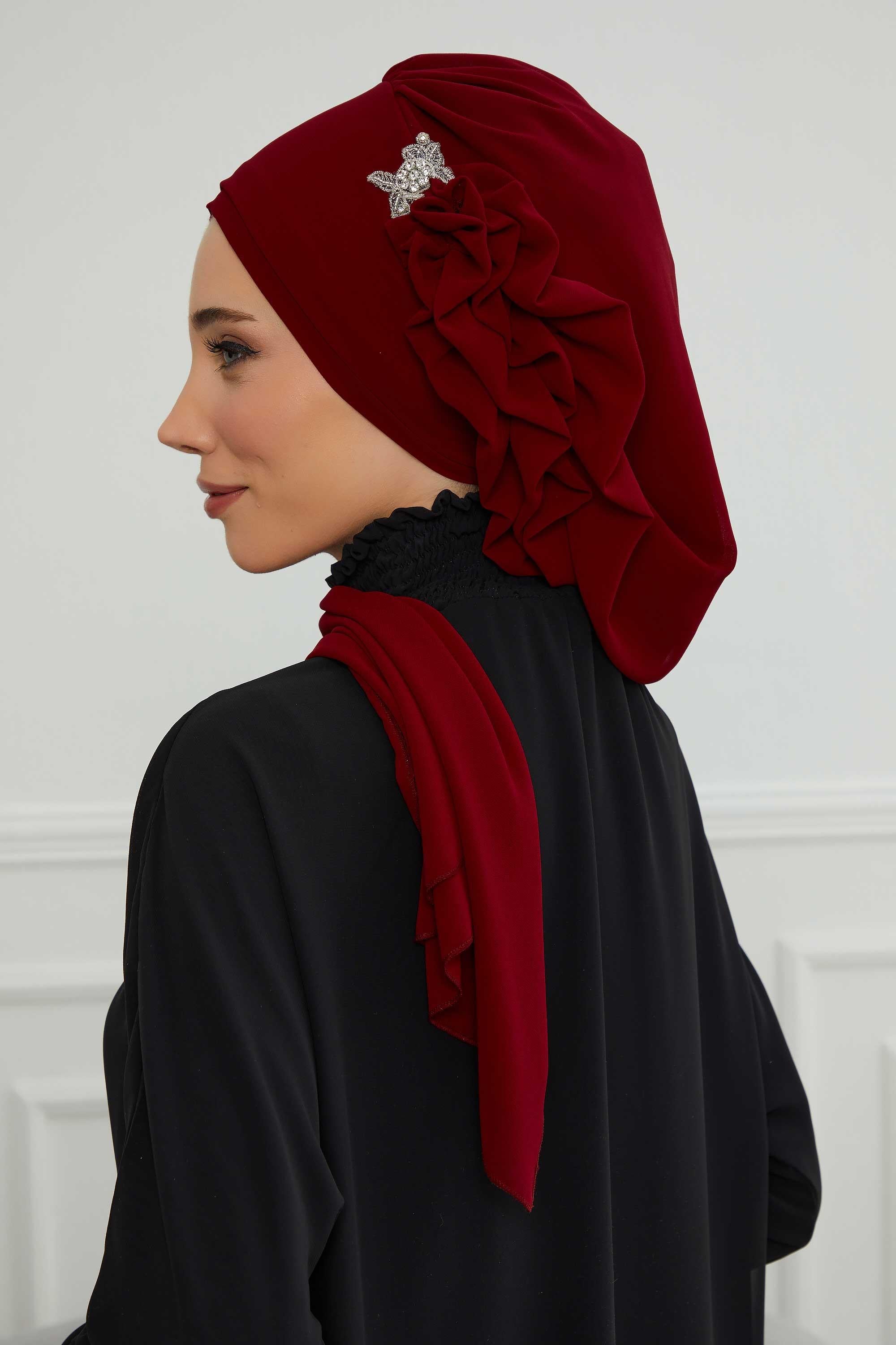 Yandan Fırfırlı Gümüş Aksesuarlı Şifon Hazır Türban,HT-106,HT-106