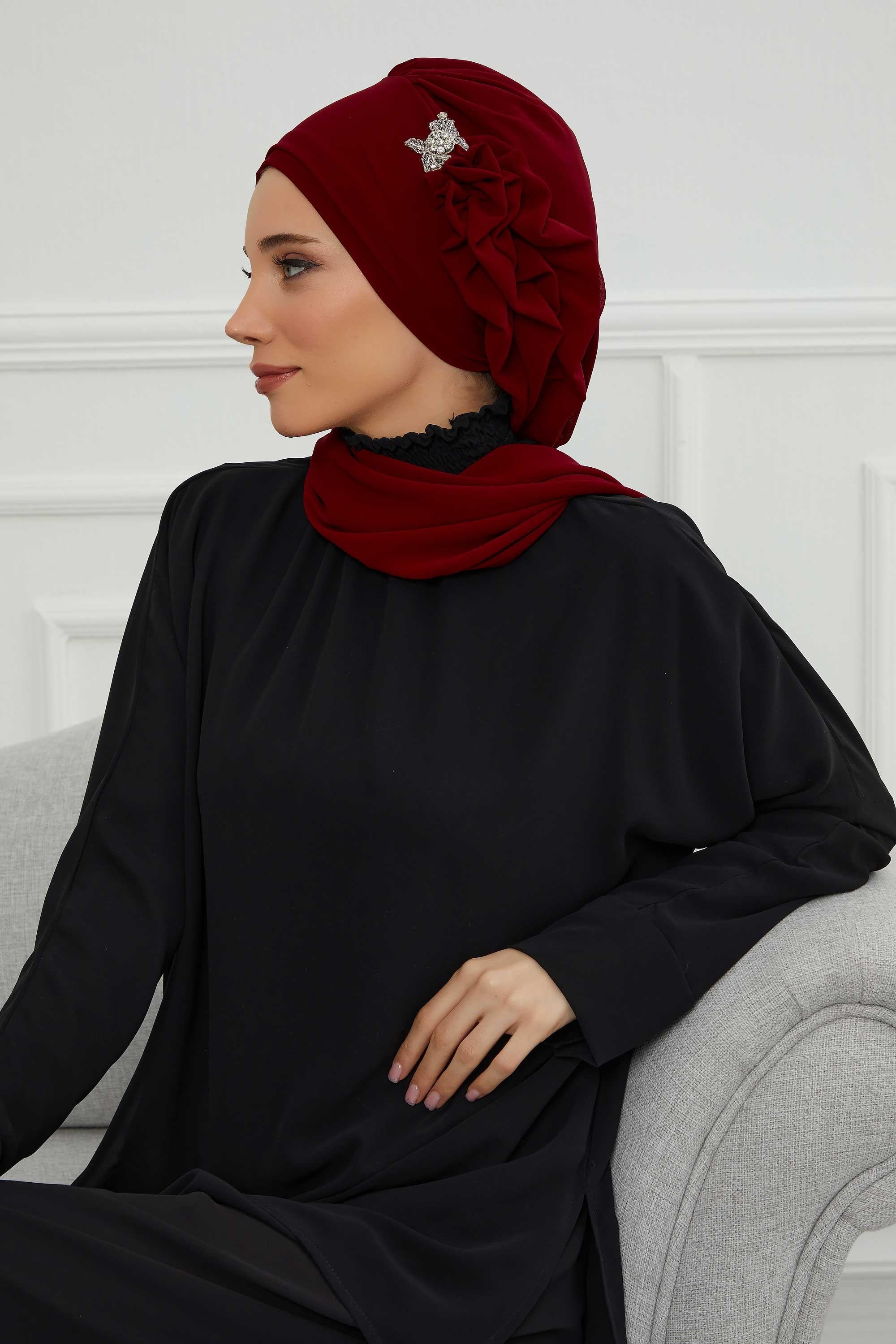 Yandan Fırfırlı Gümüş Aksesuarlı Şifon Hazır Türban,HT-106,HT-106