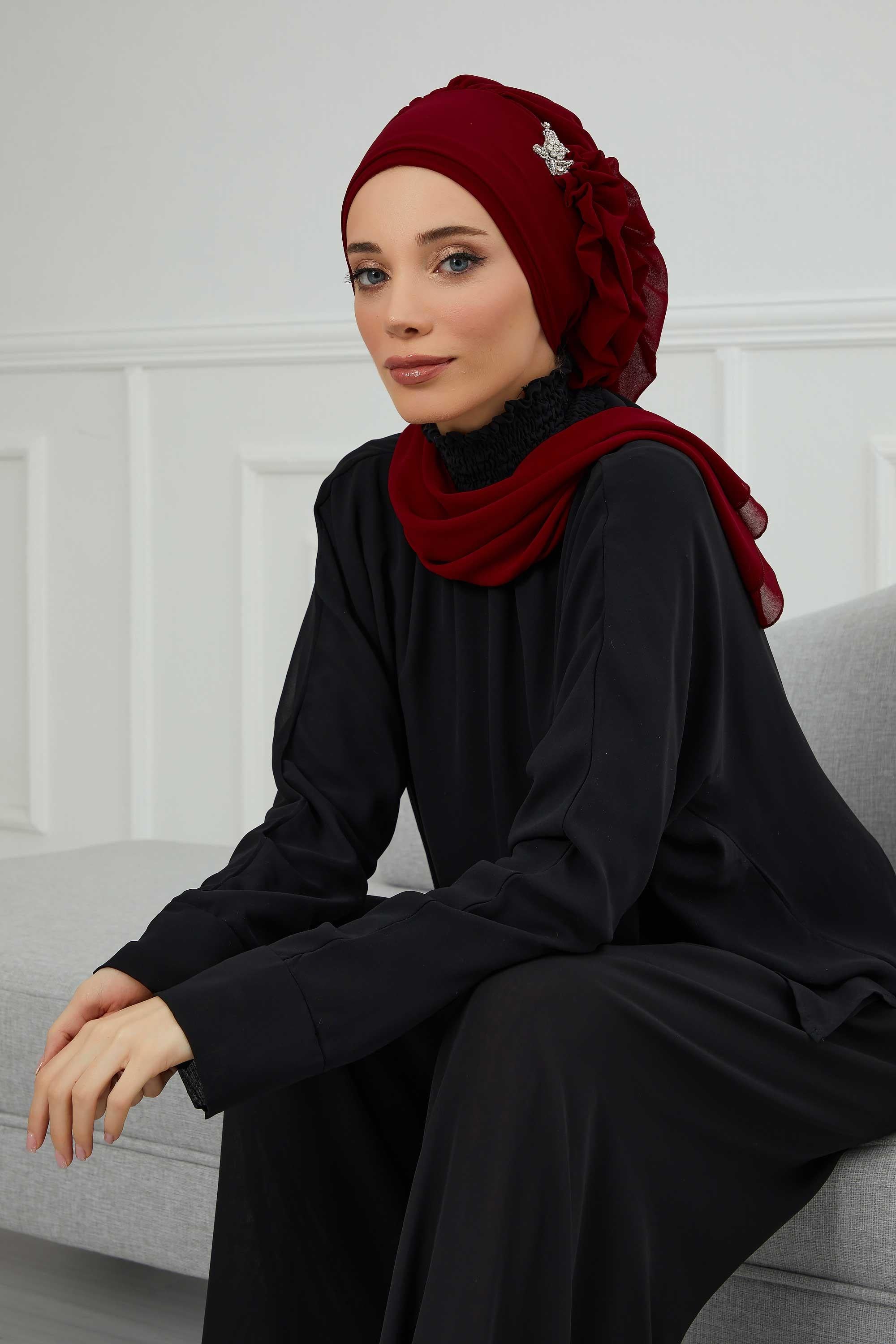 Yandan Fırfırlı Gümüş Aksesuarlı Şifon Hazır Türban,HT-106,HT-106